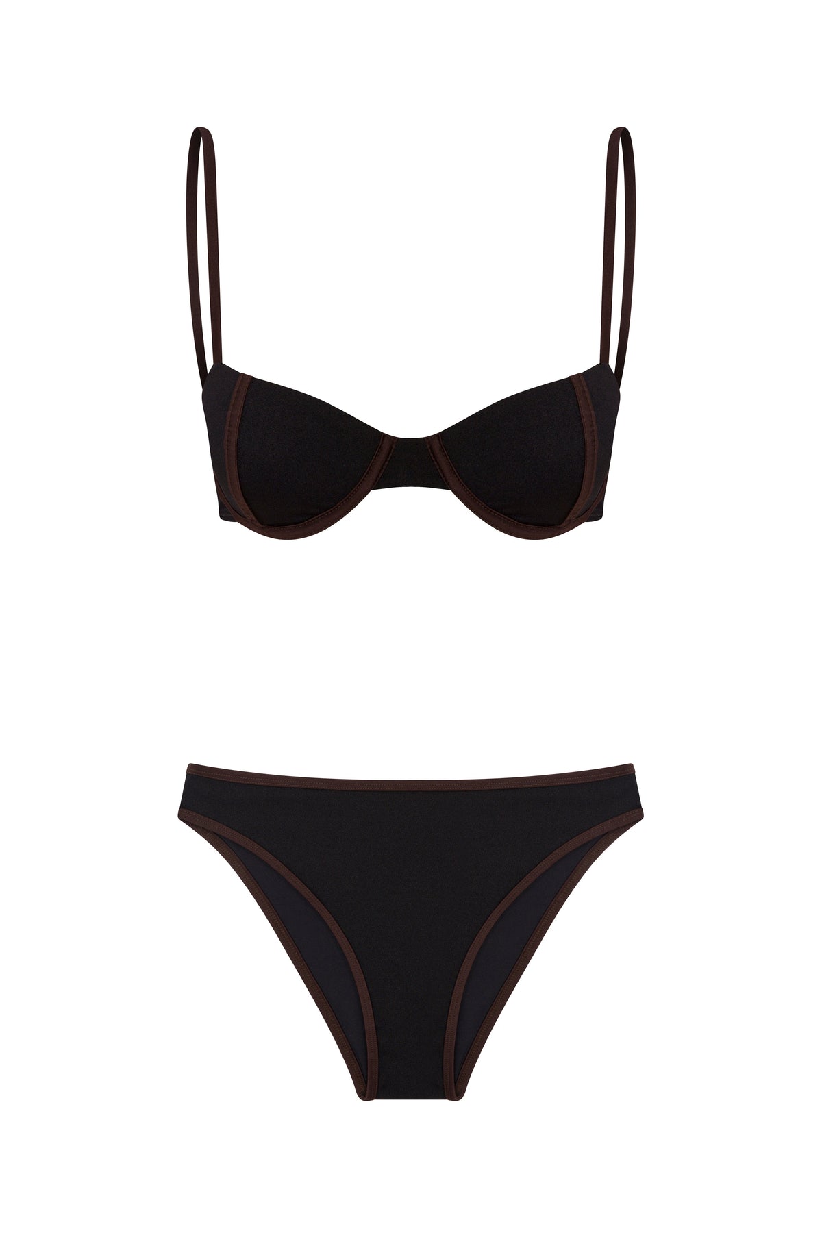 Contrast Trim Underwire Bikini Set - Black - Brown