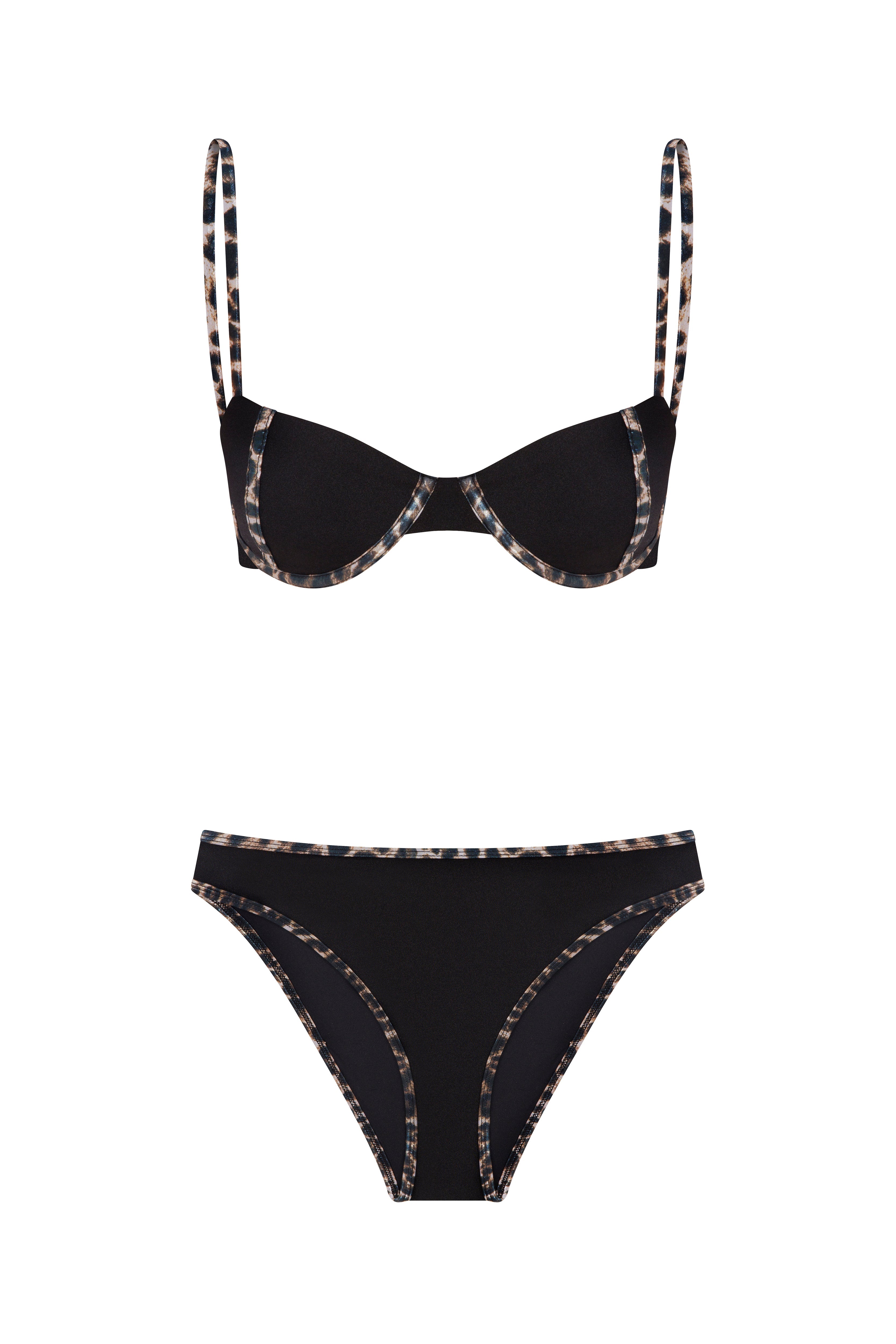 Contrast Trim Underwire Bikini Set - Black - Leopard