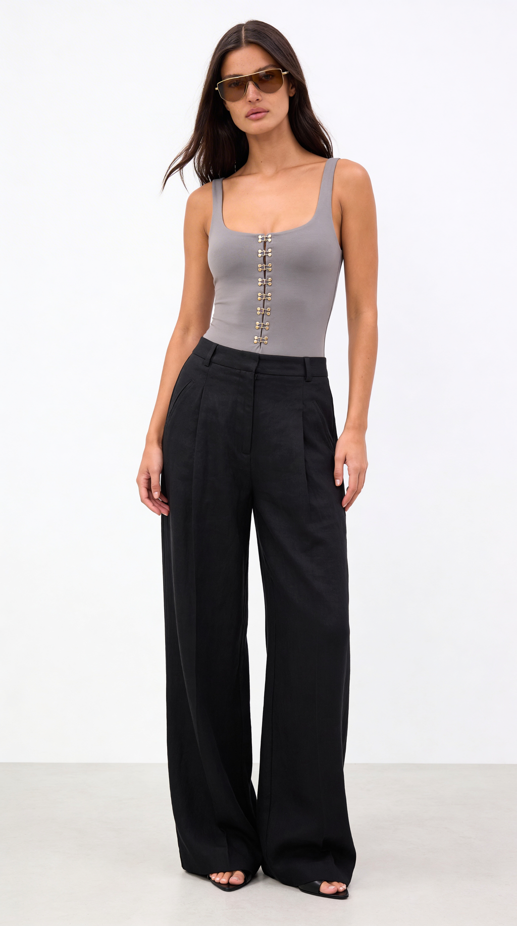 Diandra Stitch Detail Organic Linen Black Trousers