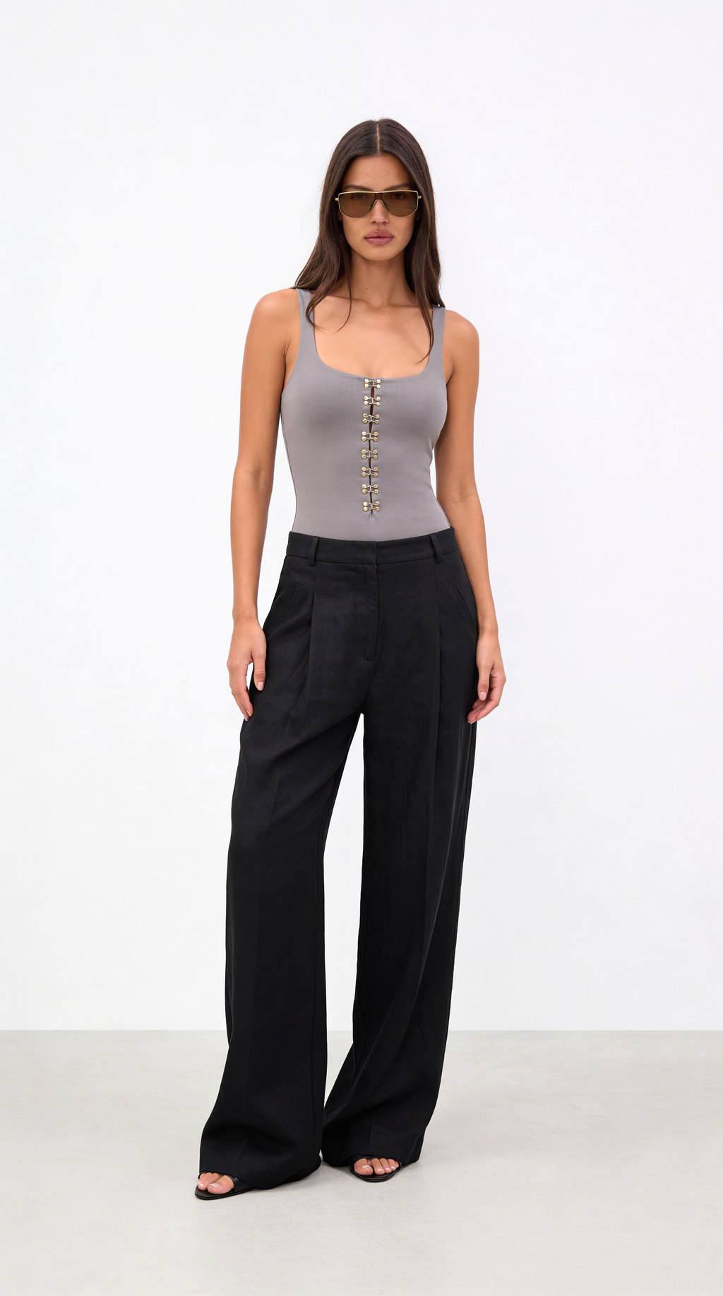 Diandra Stitch Detail Organic Linen Black Trousers