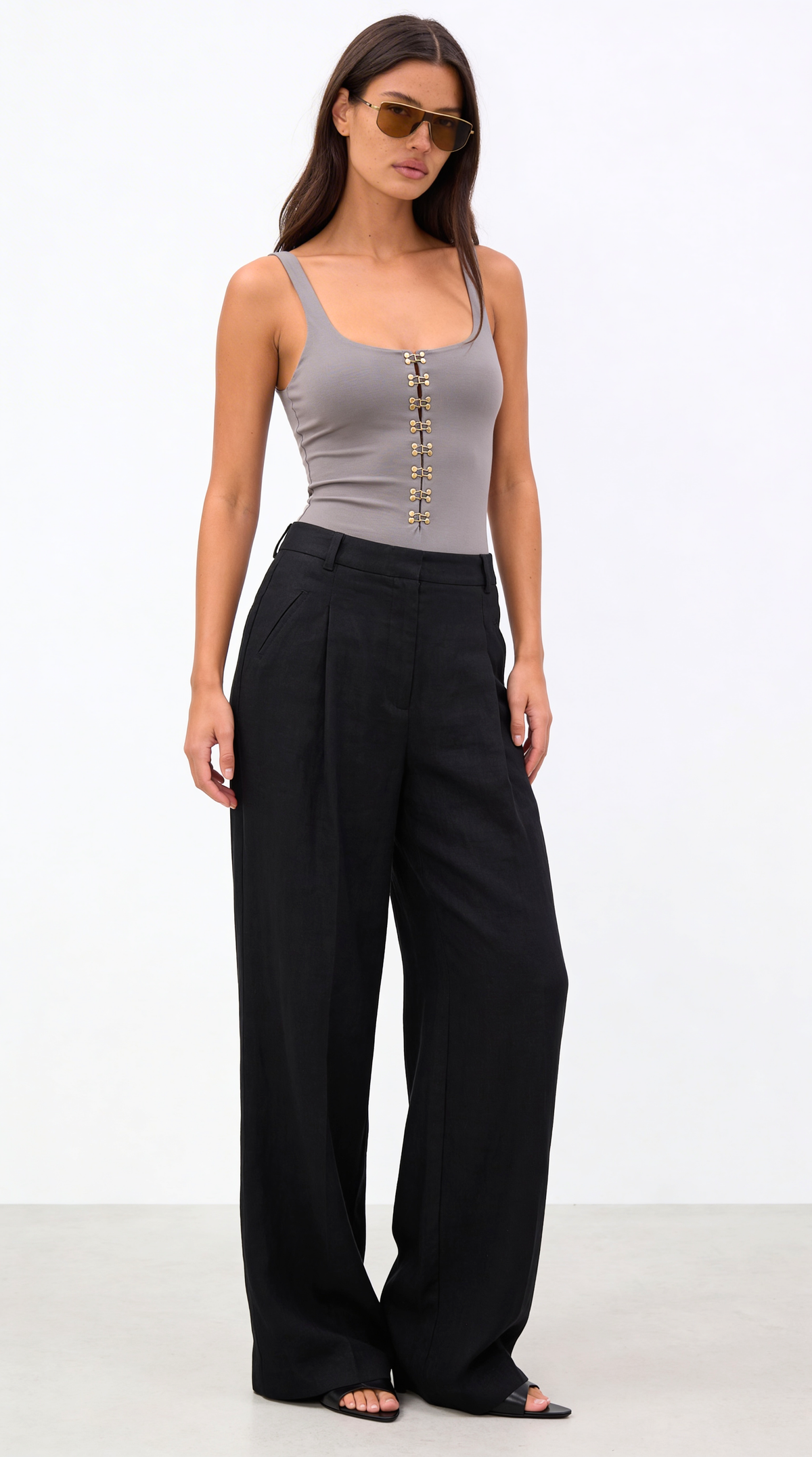 Diandra Stitch Detail Organic Linen Black Trousers