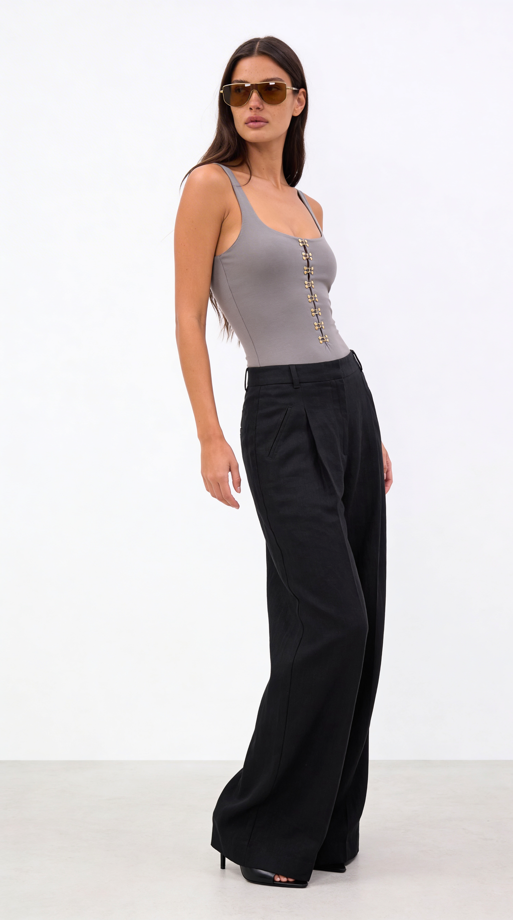 Diandra Stitch Detail Organic Linen Black Trousers