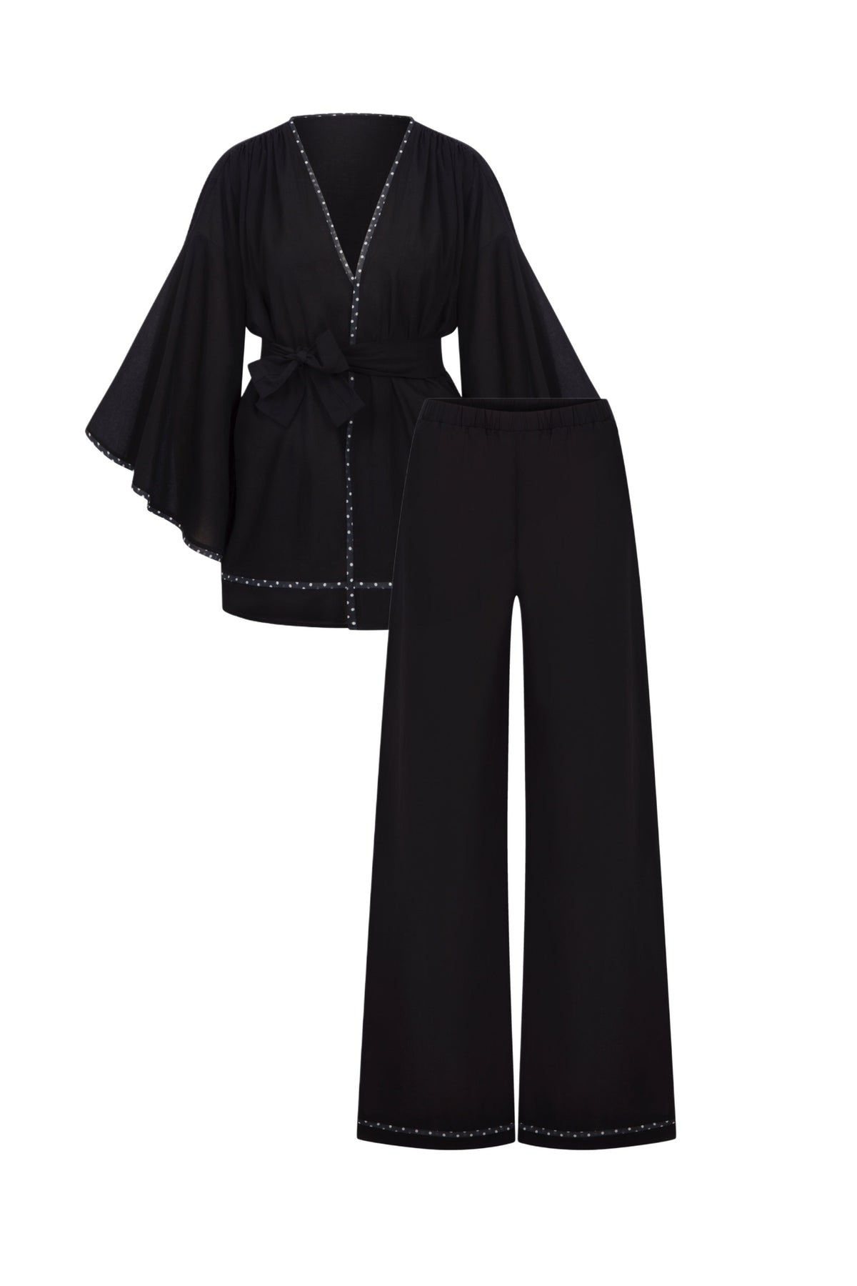 Isaline Polka Trimmed Kimono Pajama Set - Black