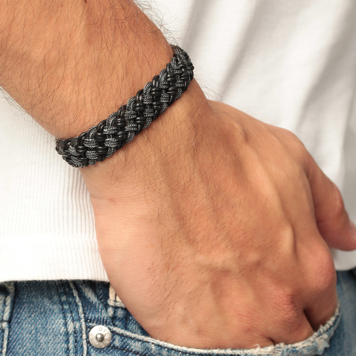 Black Leather Braided Bracelet Thick - 4