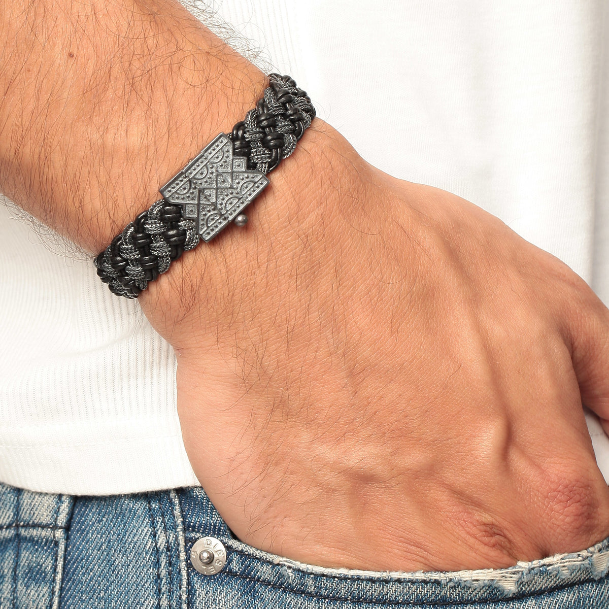 Black Leather Braided Bracelet Thick - 2