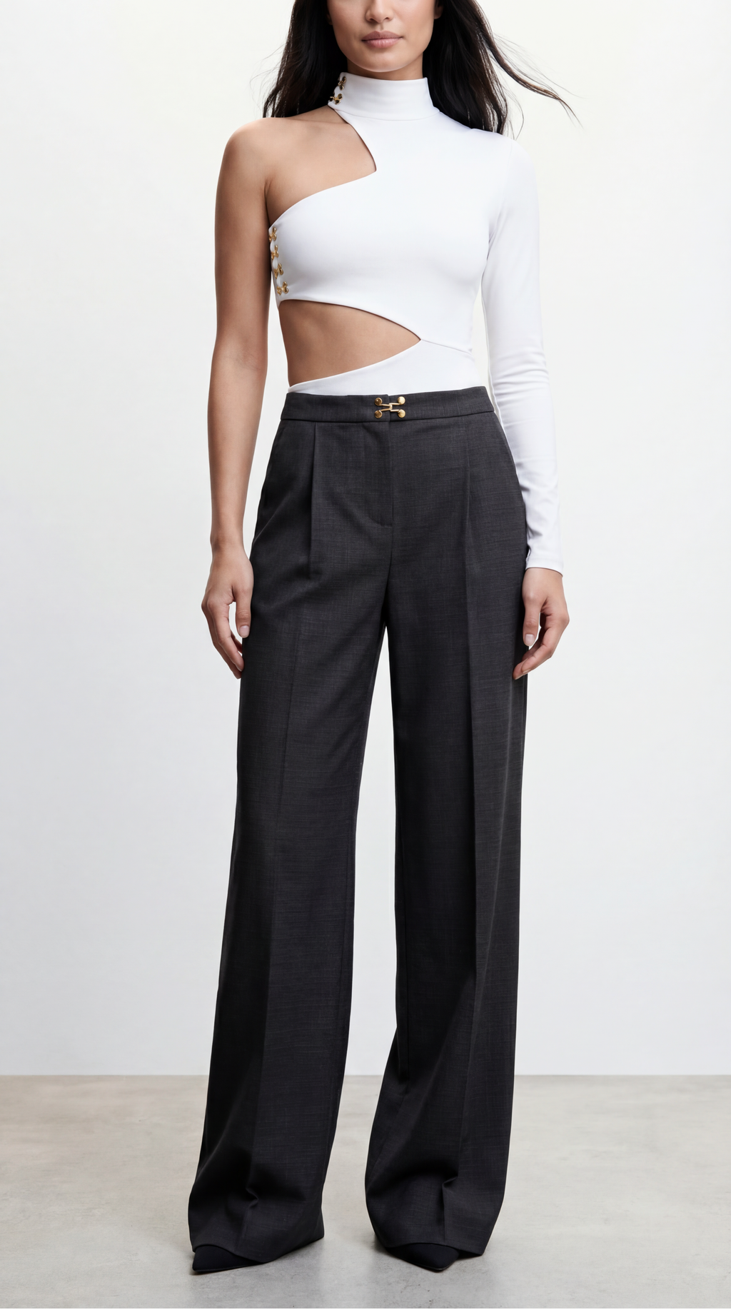 Dawn Hook-and-Eye Detail Wool Grey Palazzo Trousers