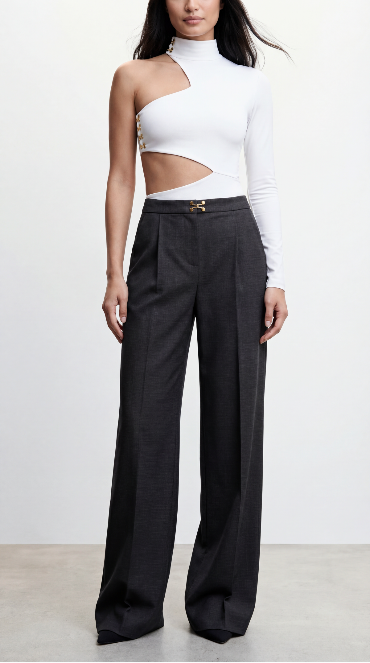 Dawn Hook-and-Eye Detail Wool Grey Palazzo Trousers