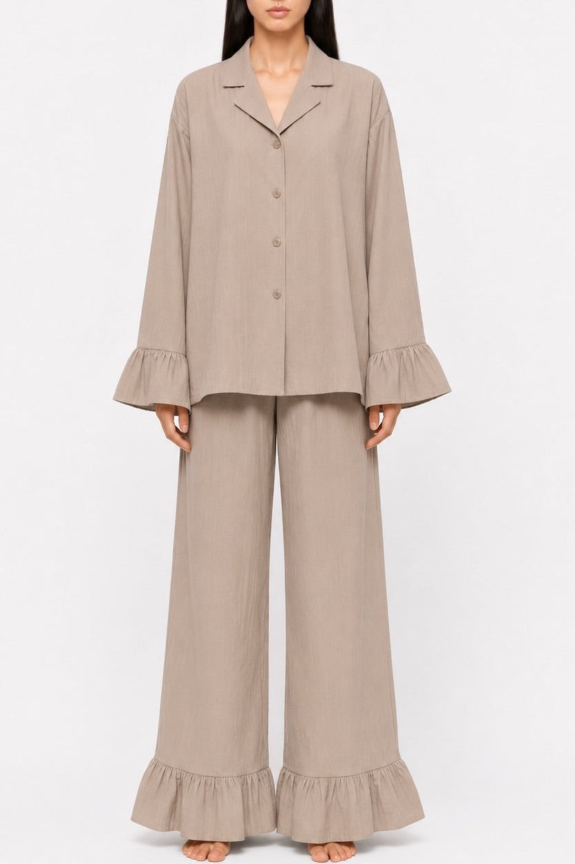 Violette Ruffle Trim Pajama Set - Taupe