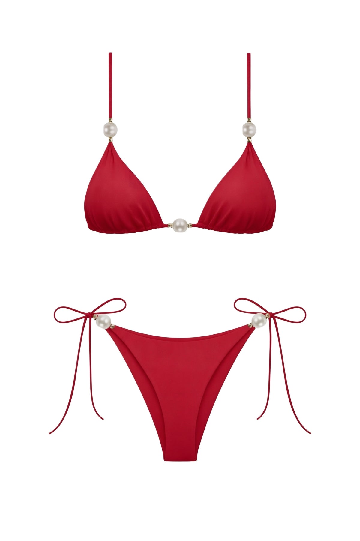 Faux-Pearl Embellished Triangle Bikini - Red