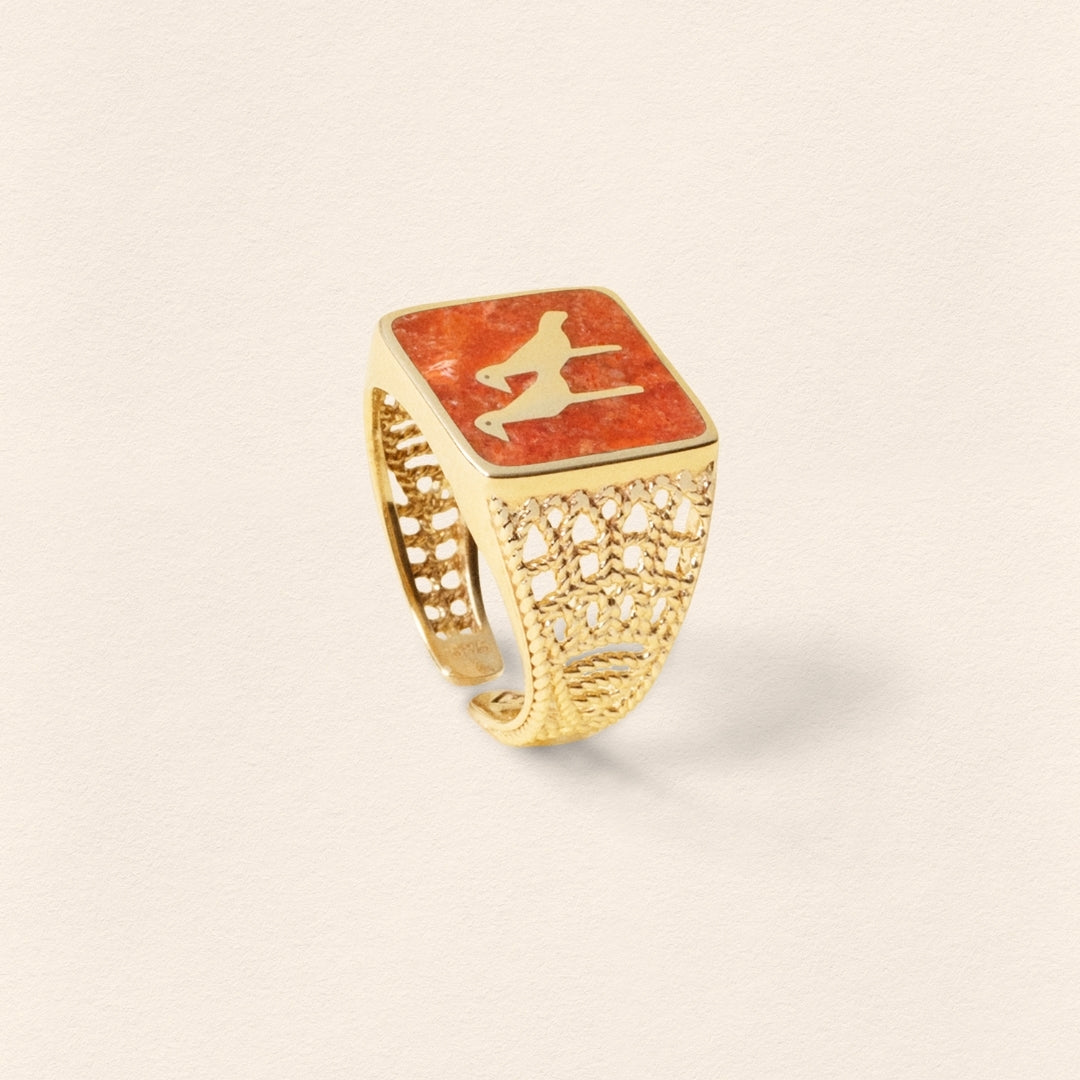 Coral Crane Filigree Gold Ring - Men - 3