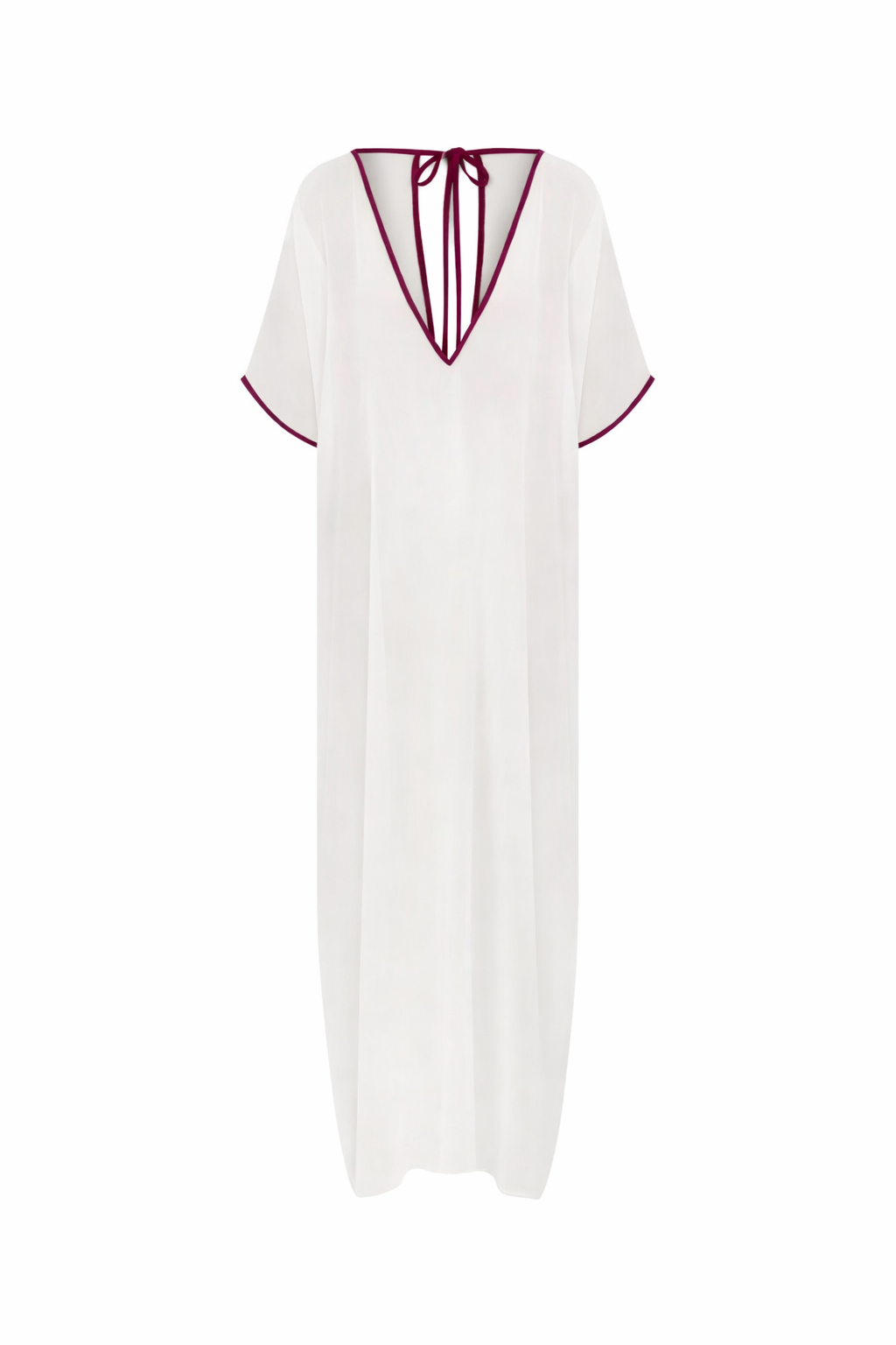 Contrast Trim V-Neck Mini Kaftan - White - Burgundy