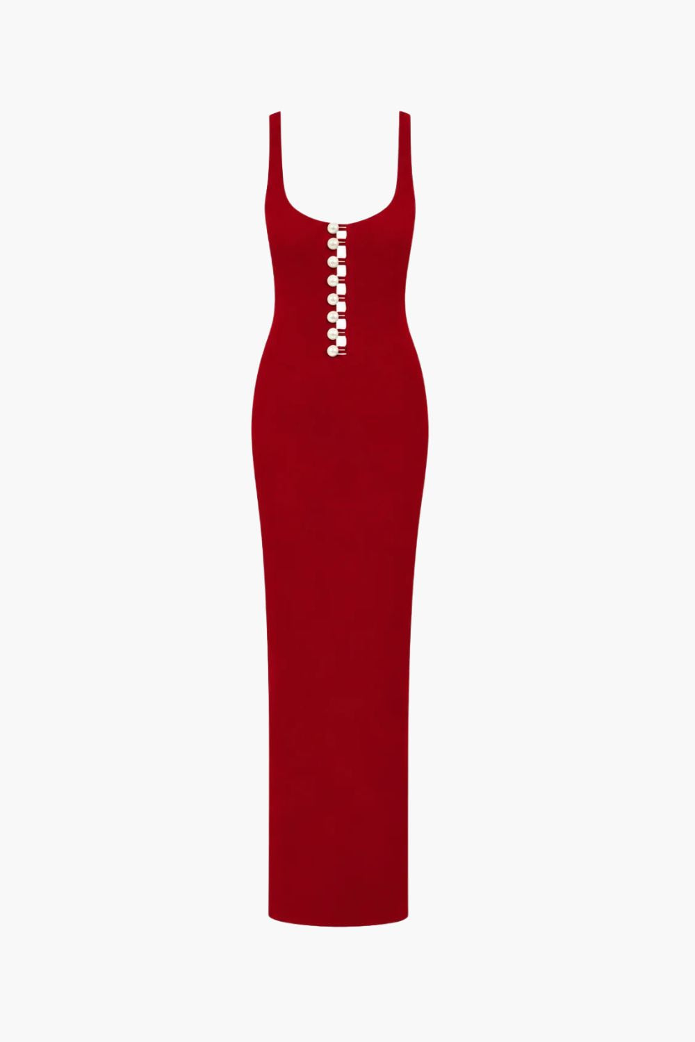 Faux-Pearl Button Embellished Dress - Red
