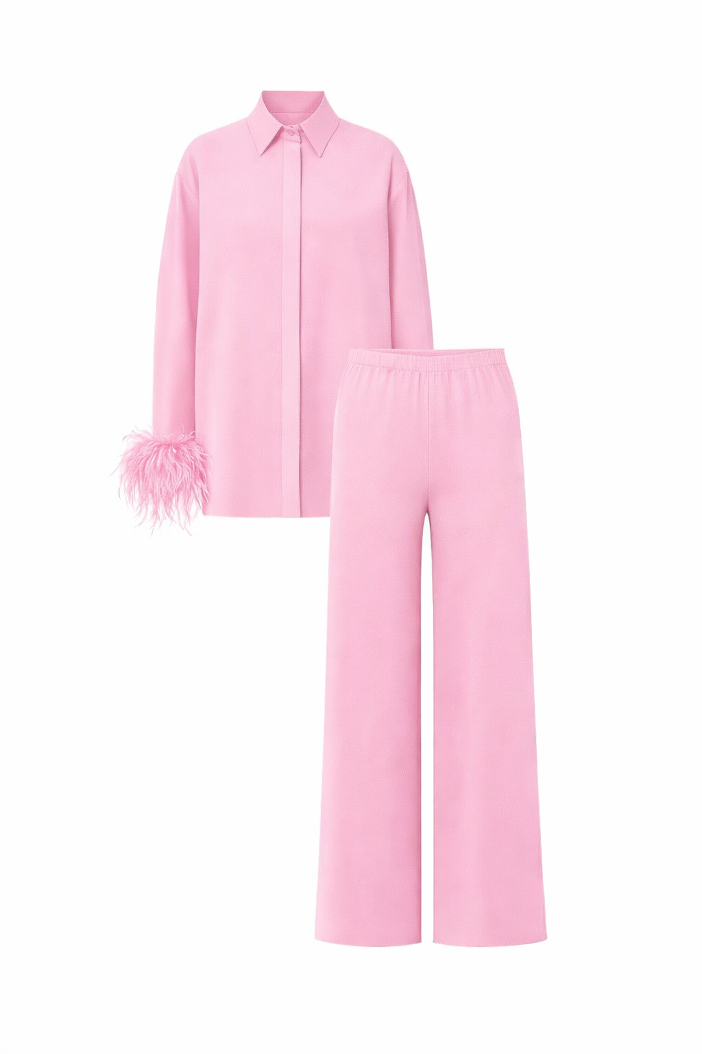 Seraphine Feather-Trimmed Cotton Pajama Set - Pink