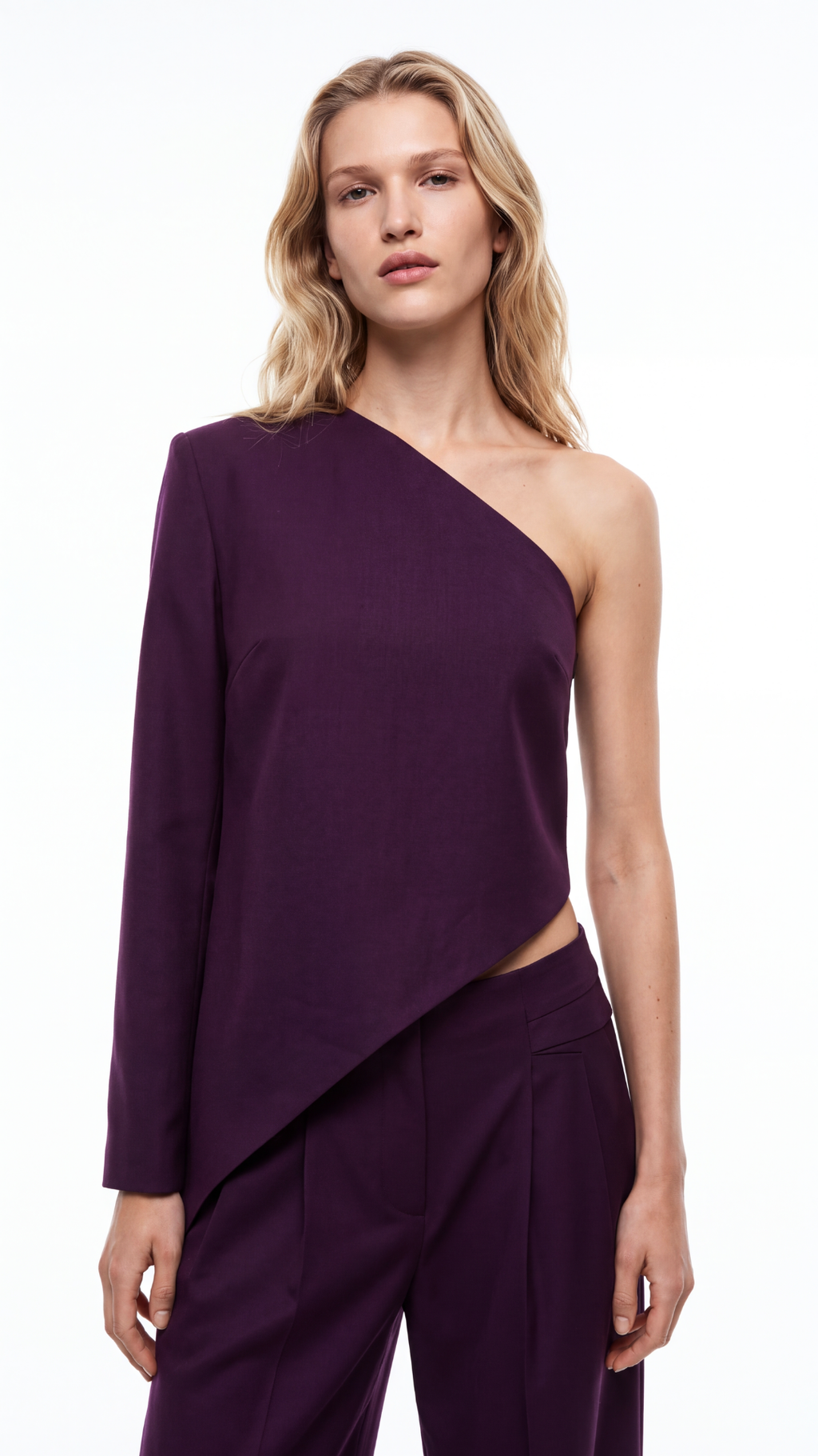 Rene Silk Wool Asymmetrical One-Shoulder Dark Plum Blouse