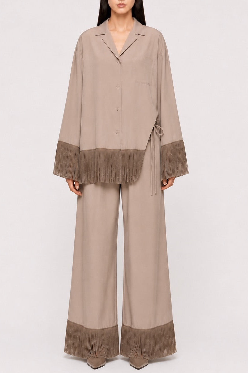 Margaux Fringe Trim Pajama Set - Taupe
