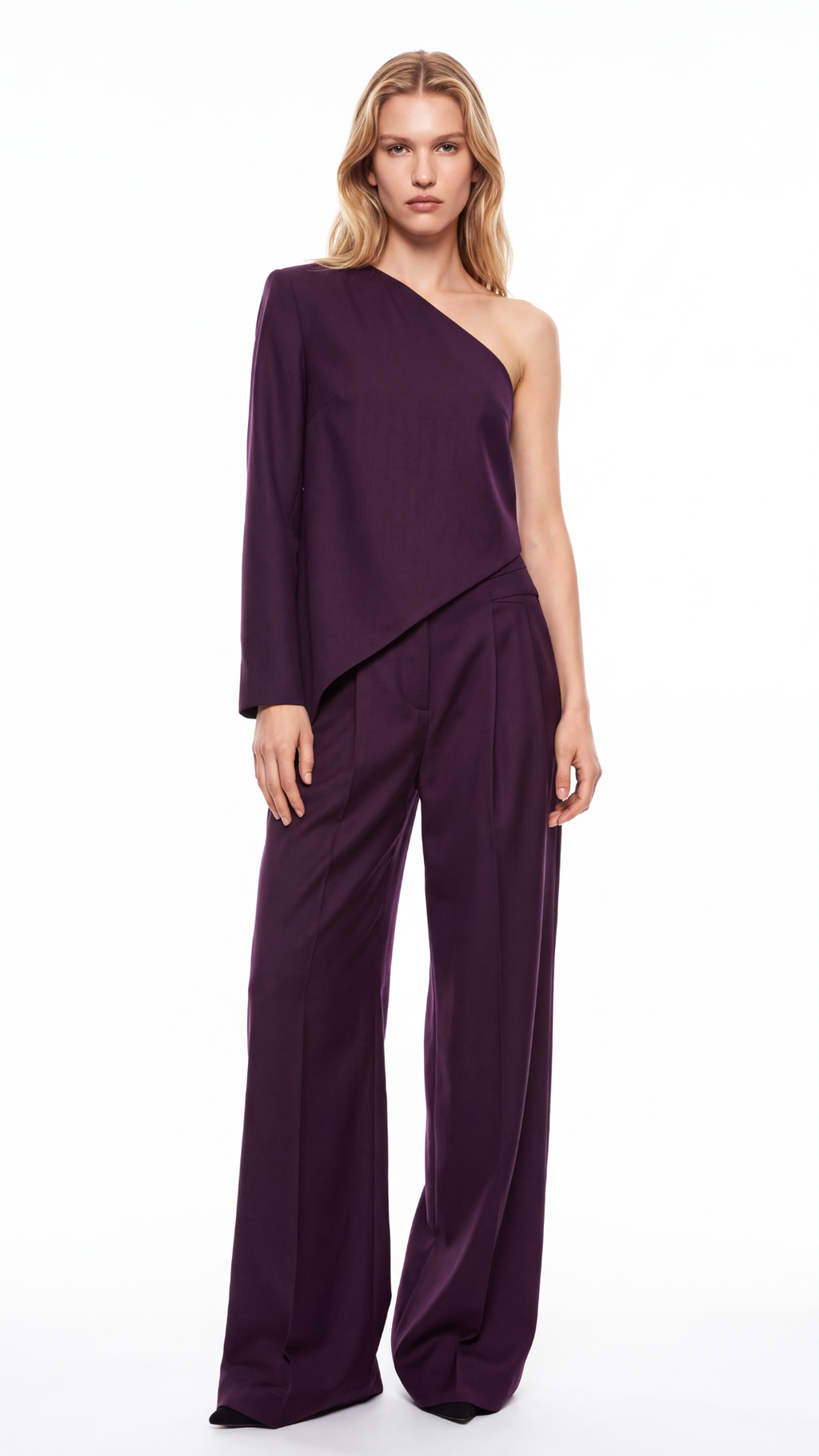 Rene Silk Wool Asymmetrical One-Shoulder Dark Plum Blouse