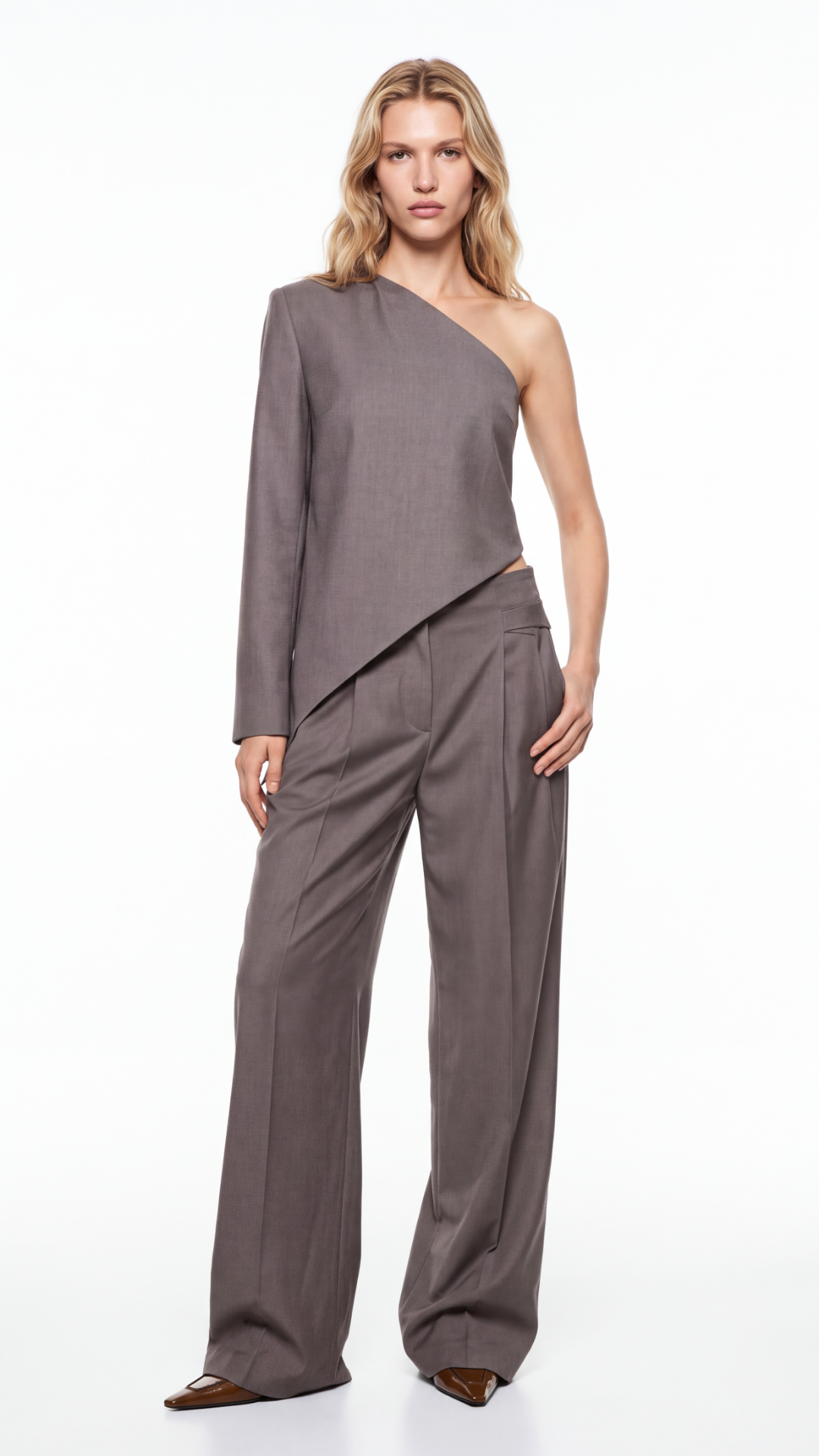 Rene Silk Wool Asymmetrical One-Shoulder Mink-Colored Blouse