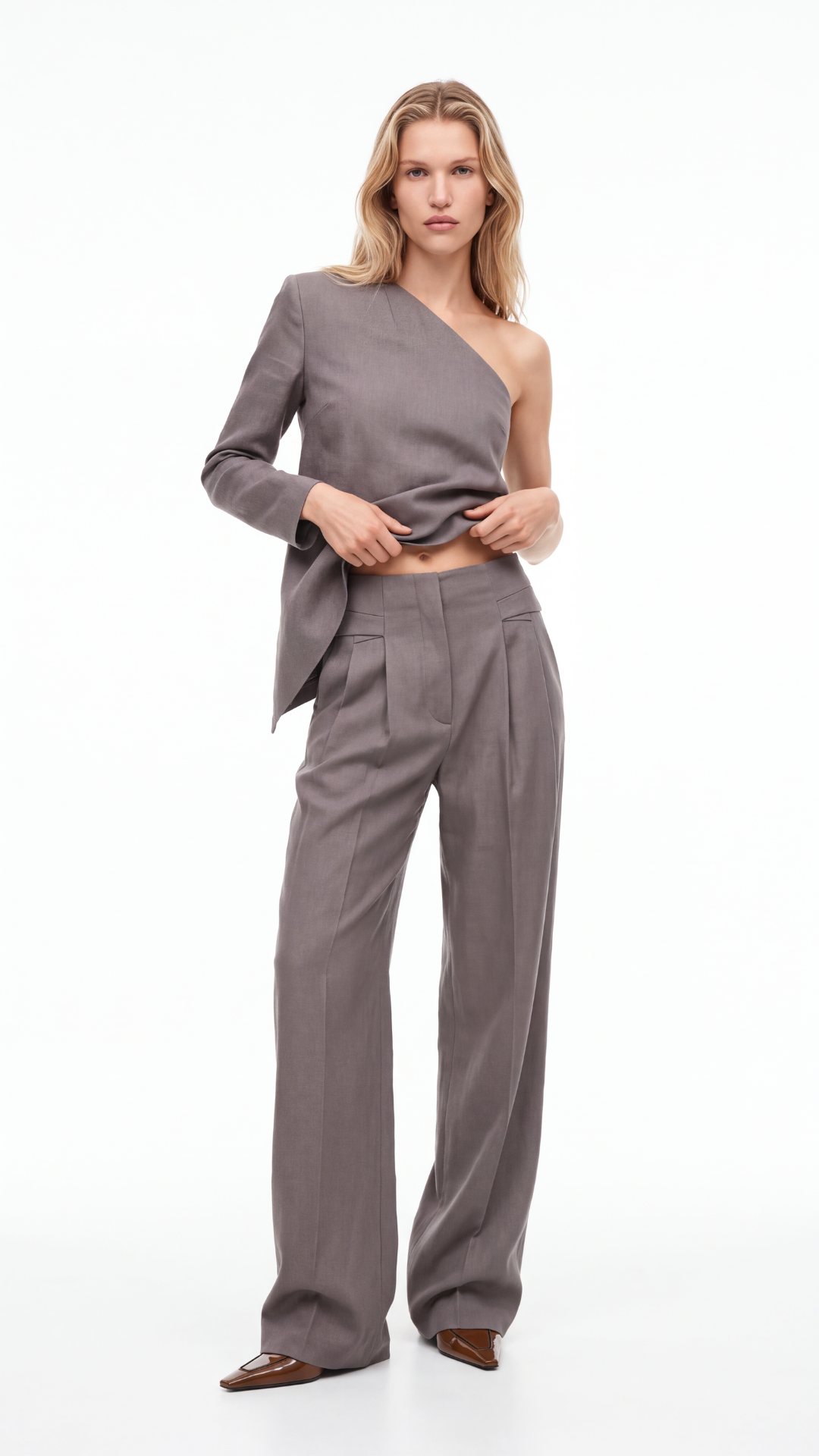 Rene Silk Wool Asymmetrical One-Shoulder Mink-Colored Blouse
