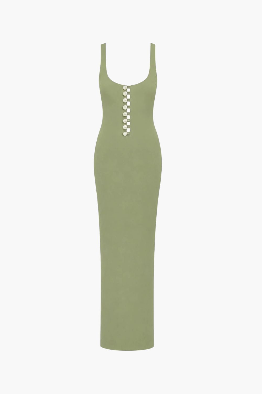 Faux-Pearl Button Embellished Dress - Laurel Green