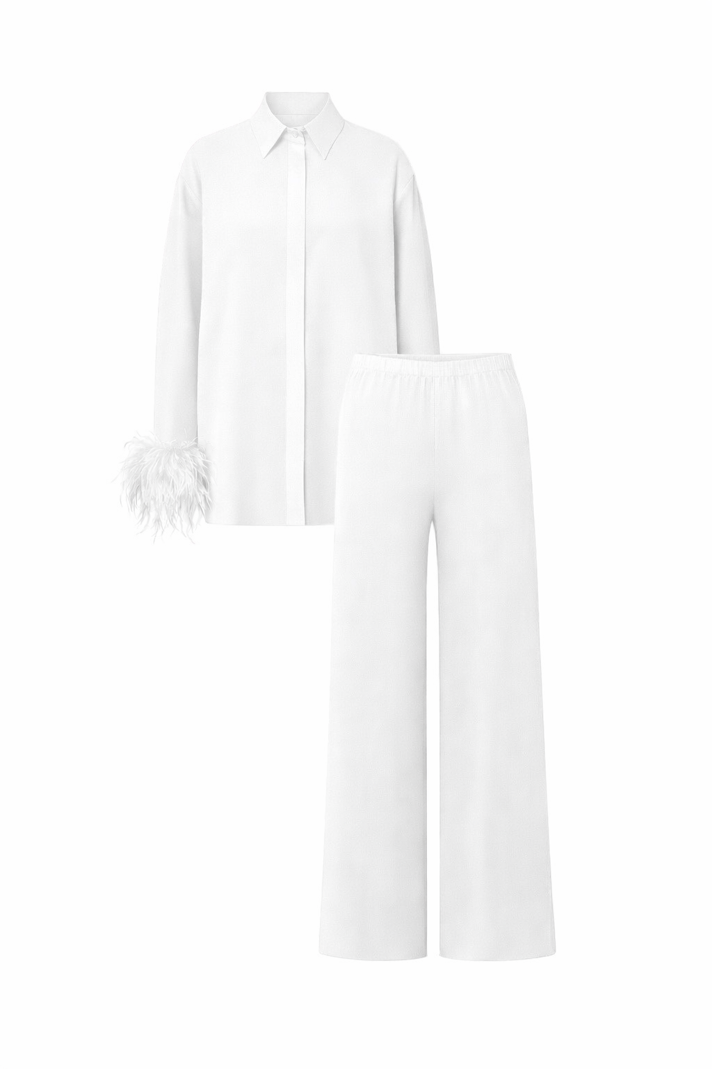 Seraphine Feather-Trimmed Cotton Pajama Set - White