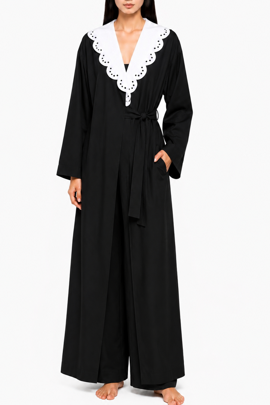 Lily Scallop Collar Poplin Robe - Black