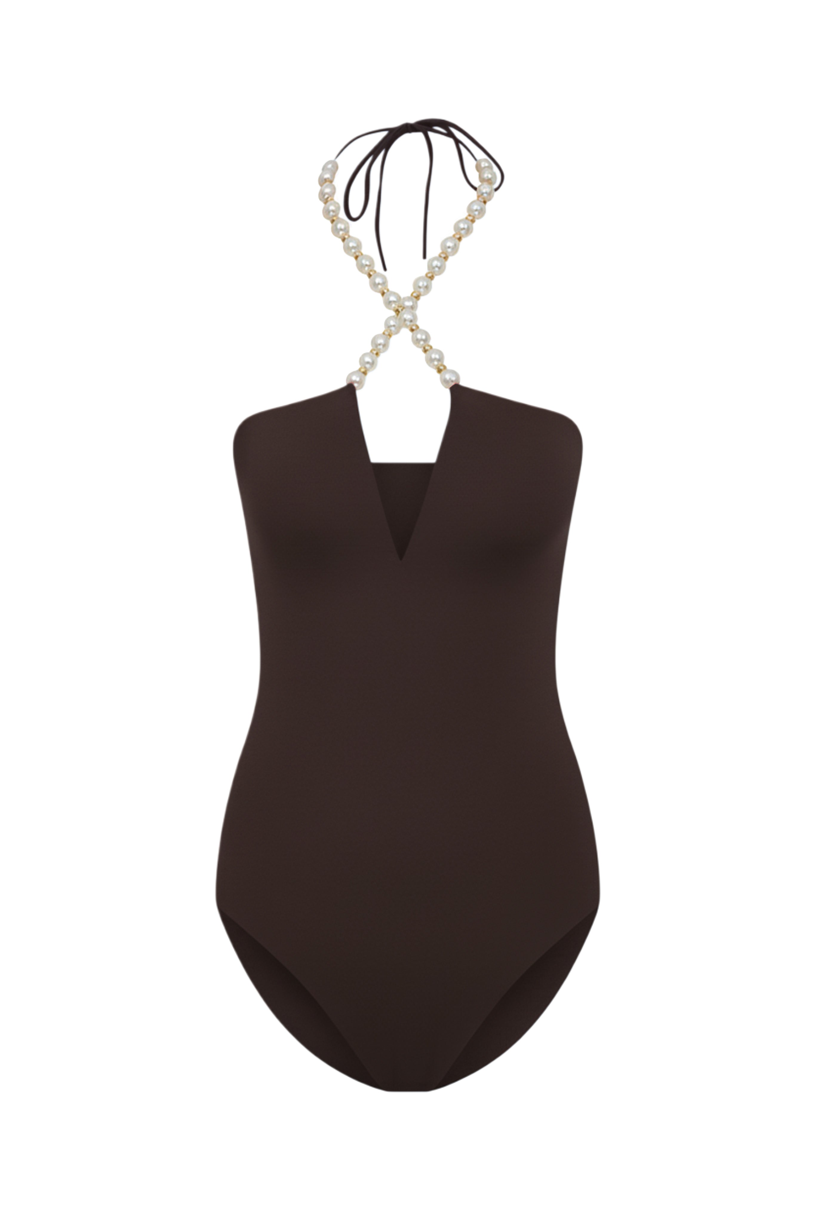 Faux-Pearl Embellished Halterneck One-Piece - Black Coffee