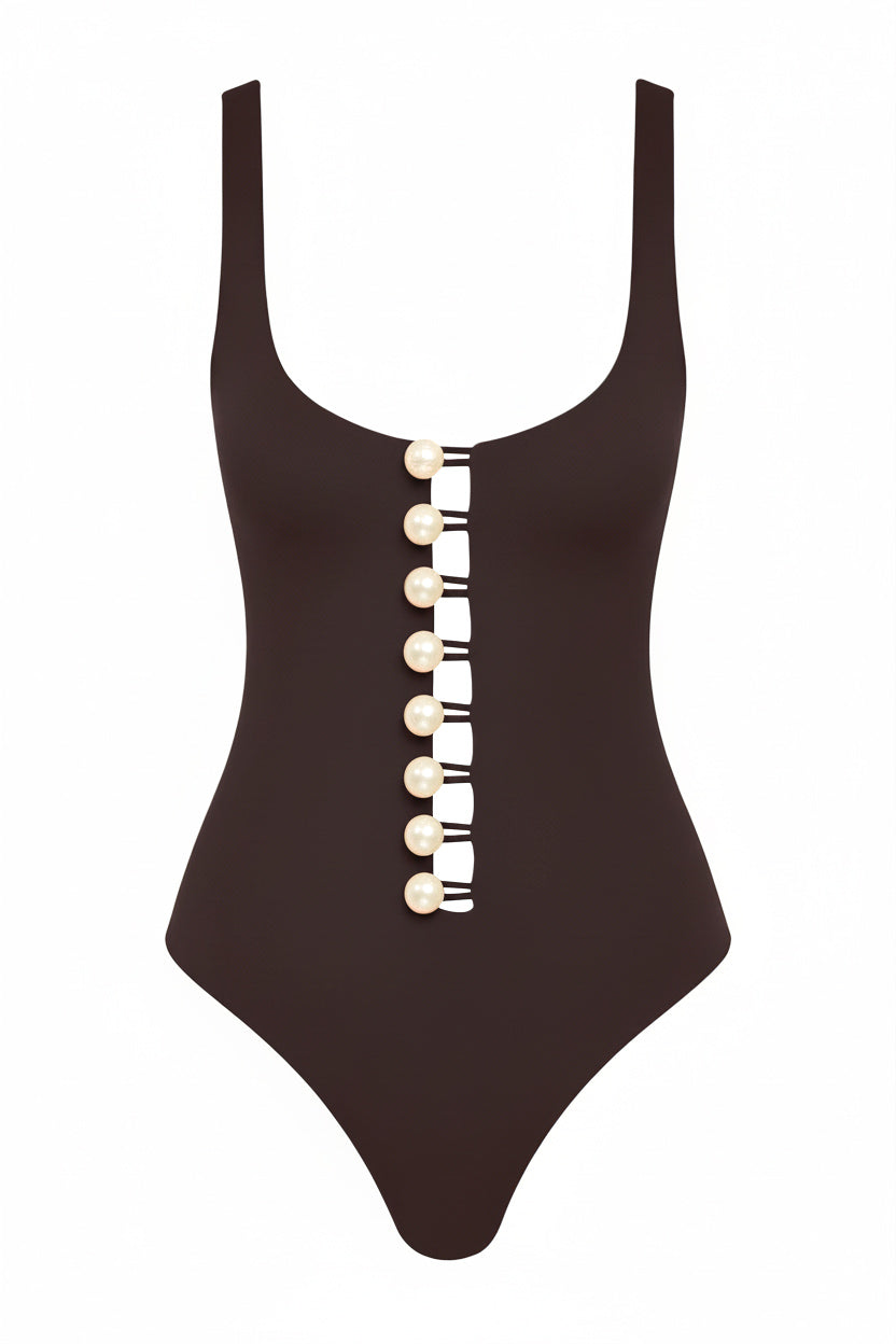 Faux-Pearl Button Embellished Be Happy - Black Coffee