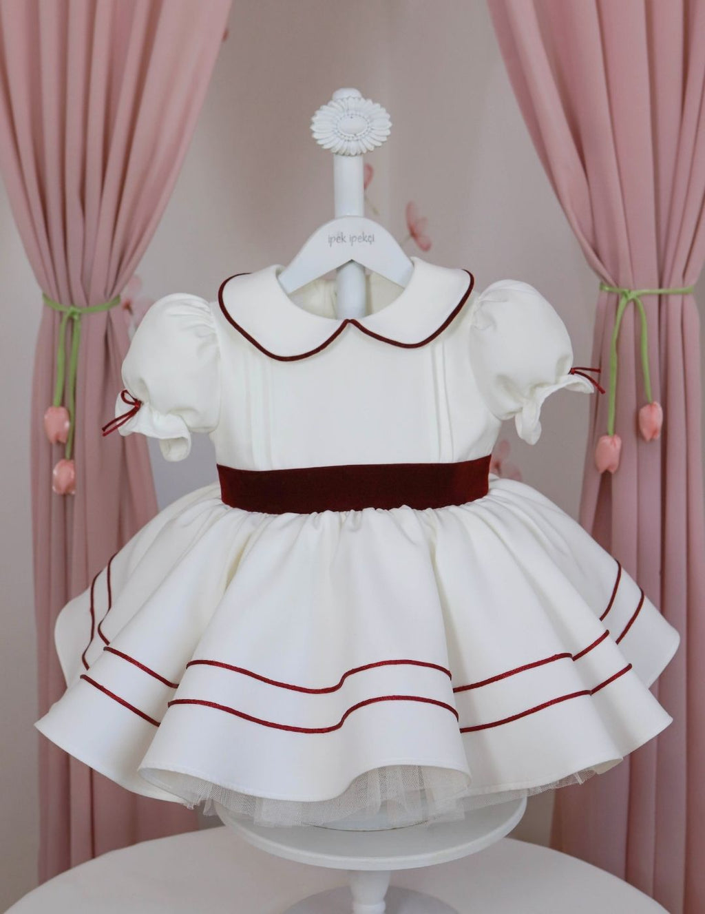 Burgundy Sash Embroidered Birthday Dress
