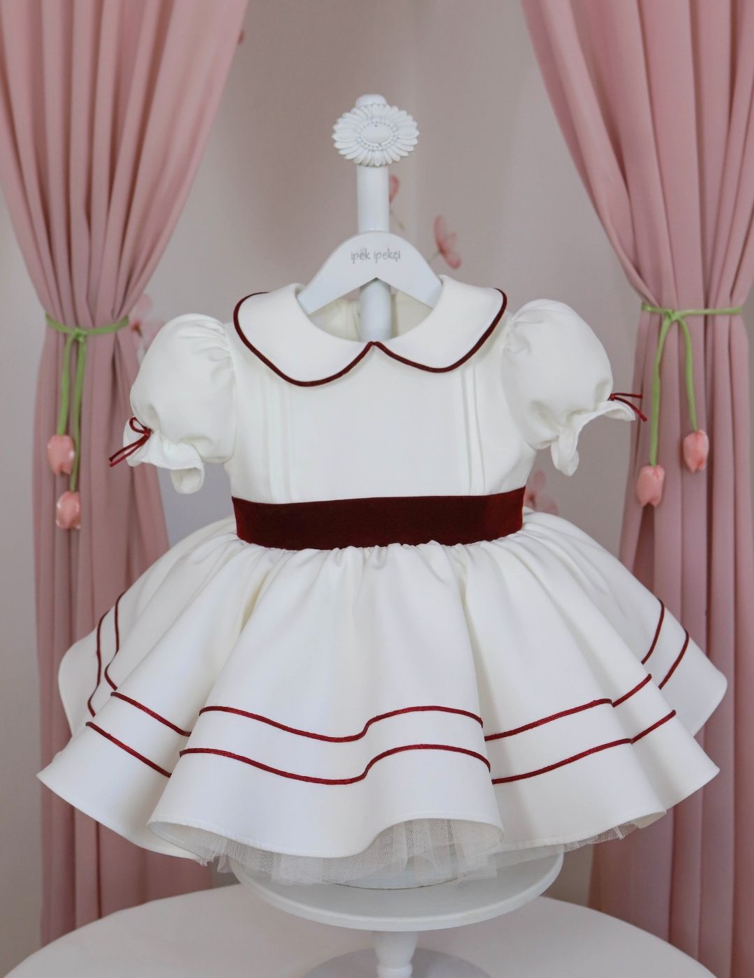 Burgundy Sash Embroidered Birthday Dress