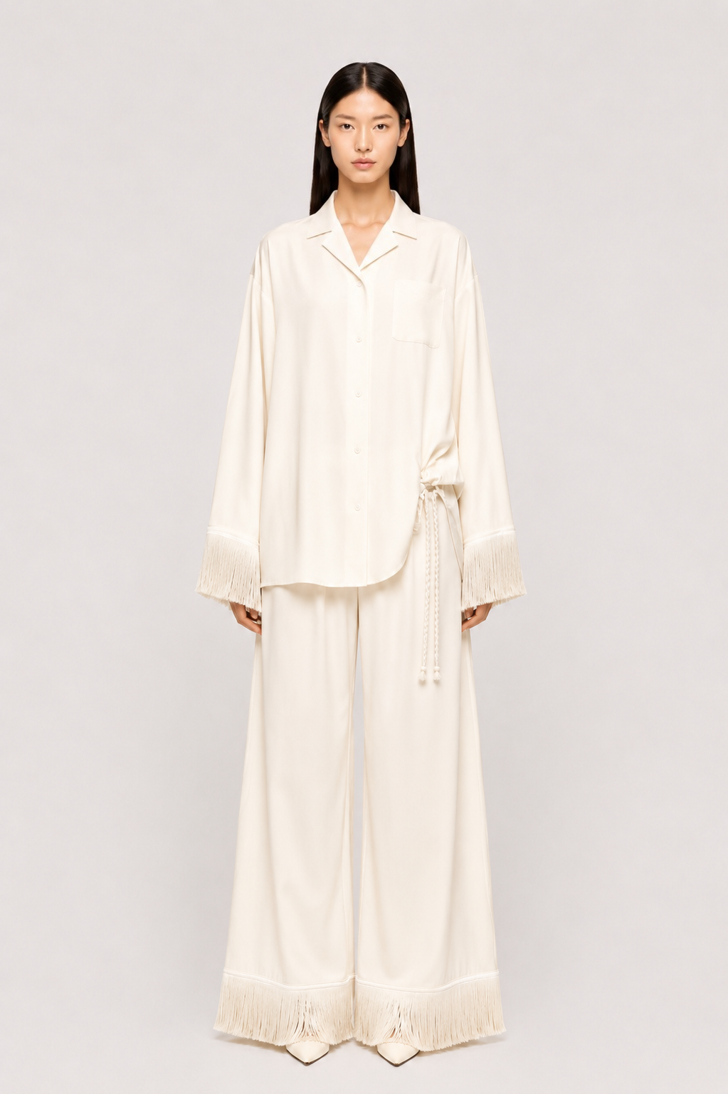 Margaux Fringe Trim Pajama Set - White