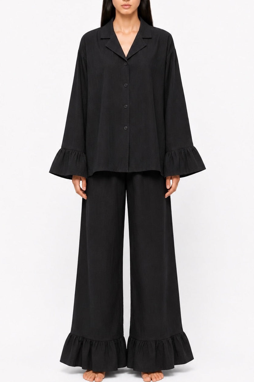 Violette Ruffle Trim Pajama Set - Black