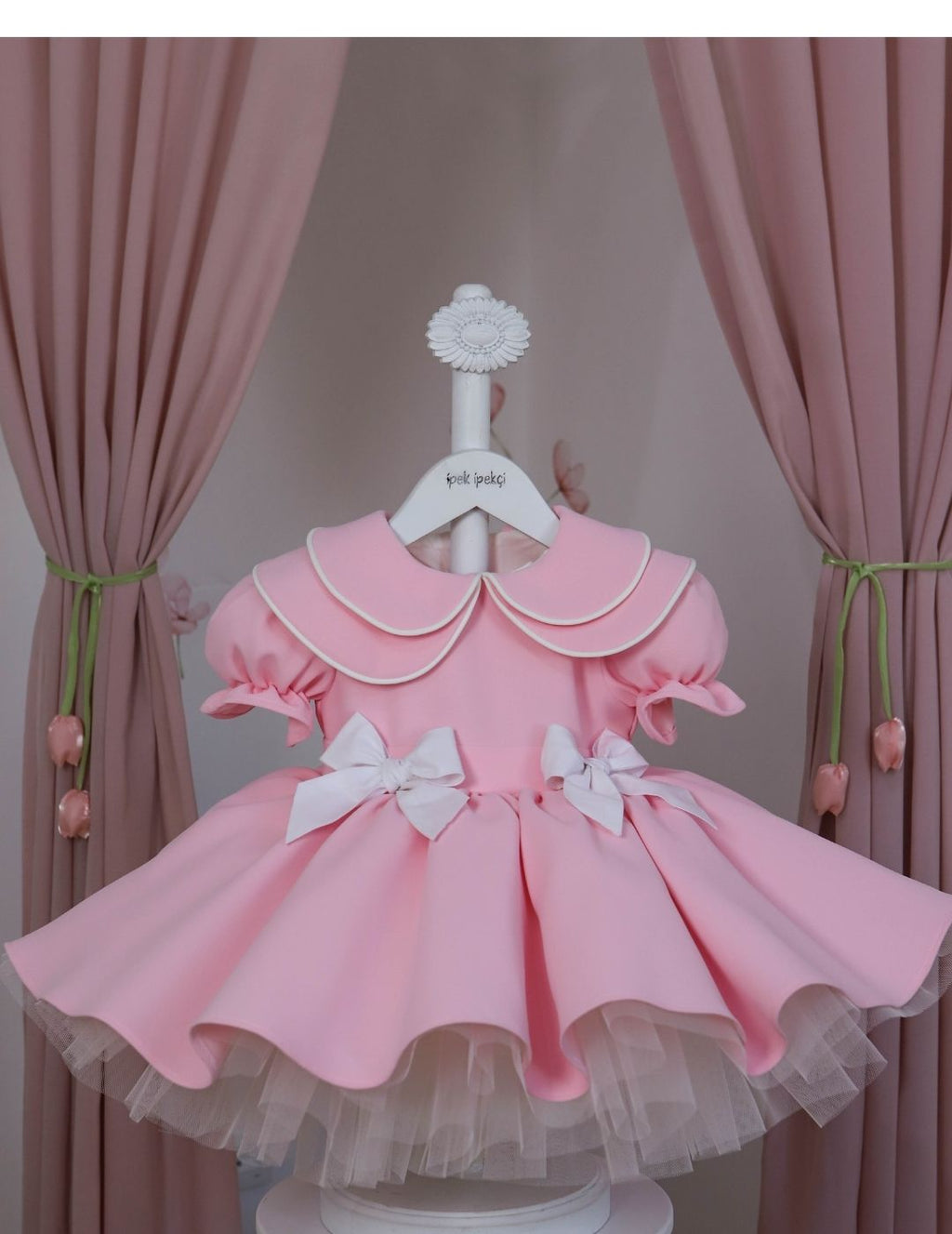 Double Peter Pan Collar Double Ribbon Pink Dress