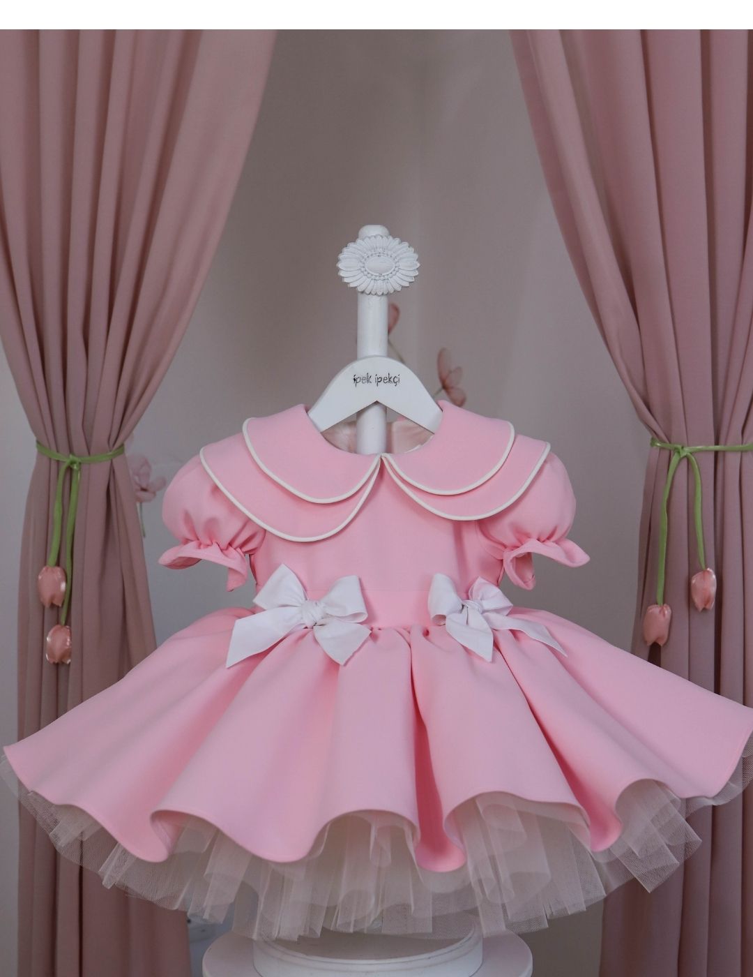 Double Peter Pan Collar Double Ribbon Pink Dress