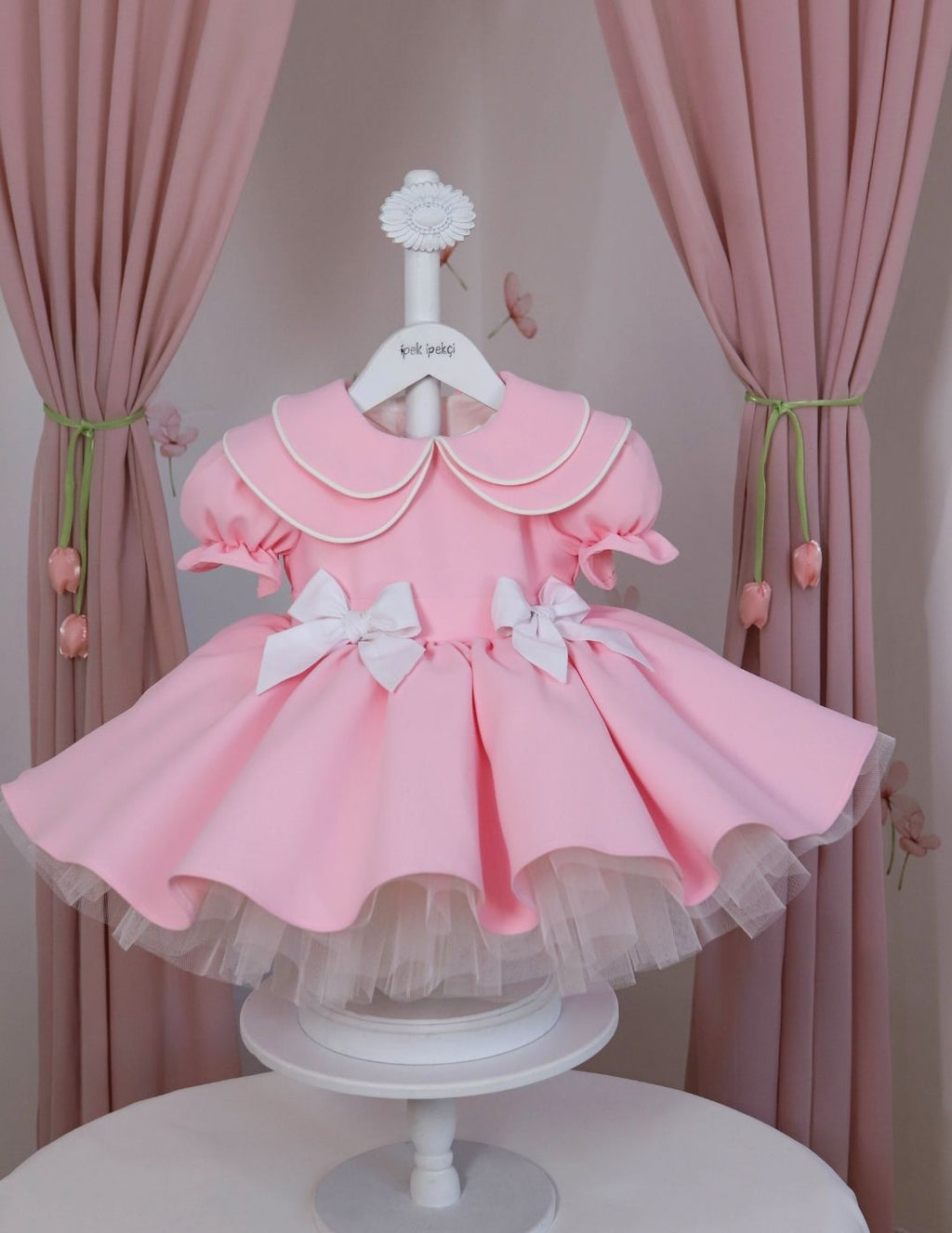 Double Peter Pan Collar Double Ribbon Pink Dress