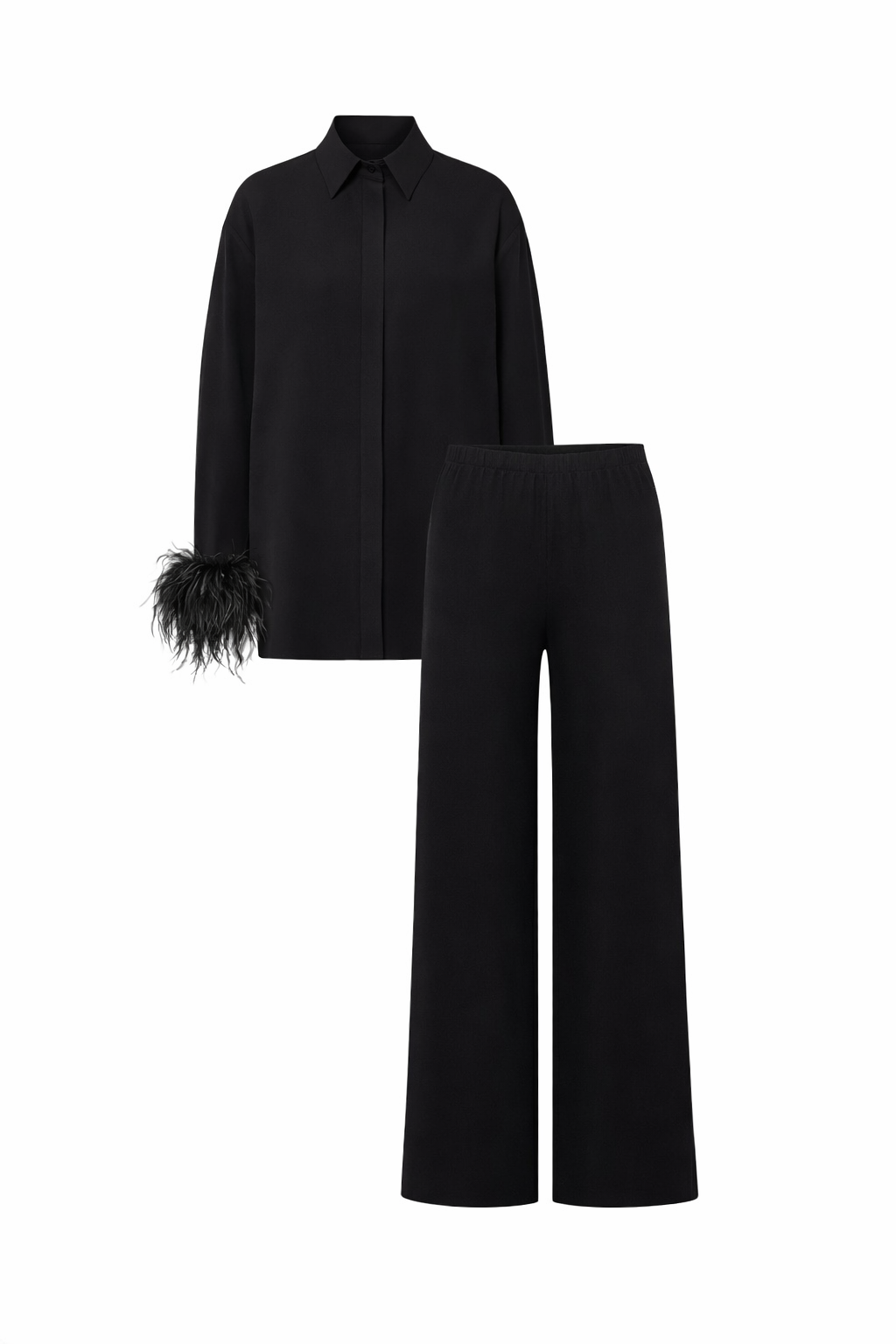 Seraphine Feather-Trimmed Cotton Pajama Set - Black