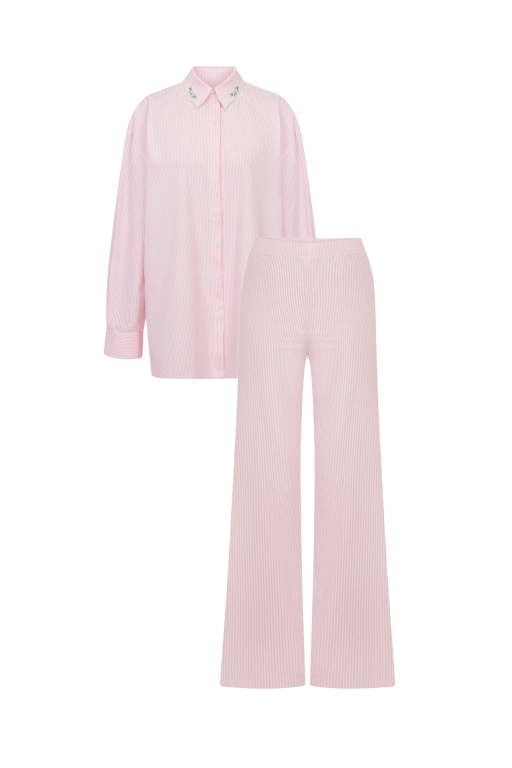 Peony Embroidered Collar Pink Striped Pajama Set - Pink