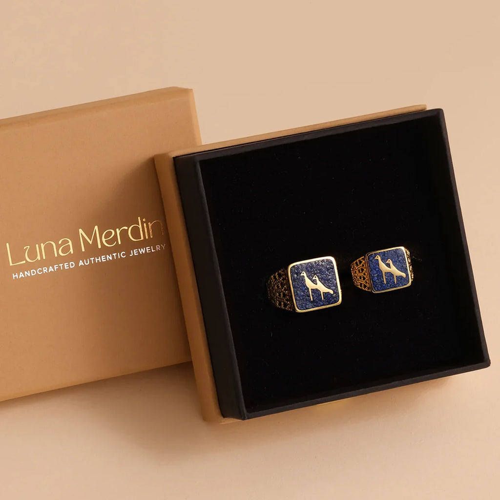 Lapis Crane Filigree Ring Couple Set