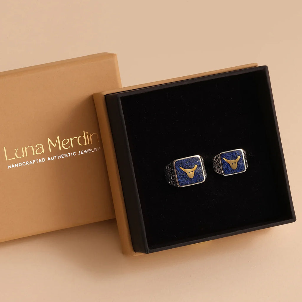 Lapis Bull Filigree Ring Couple Set
