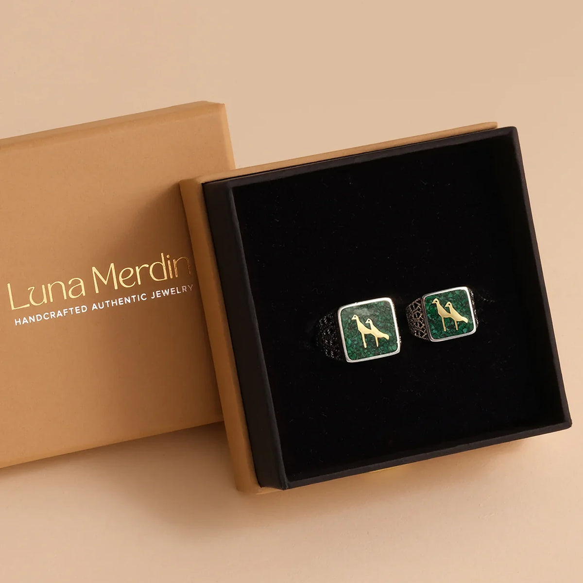 Malachite Crane Filigree Ring Silver Couple Set