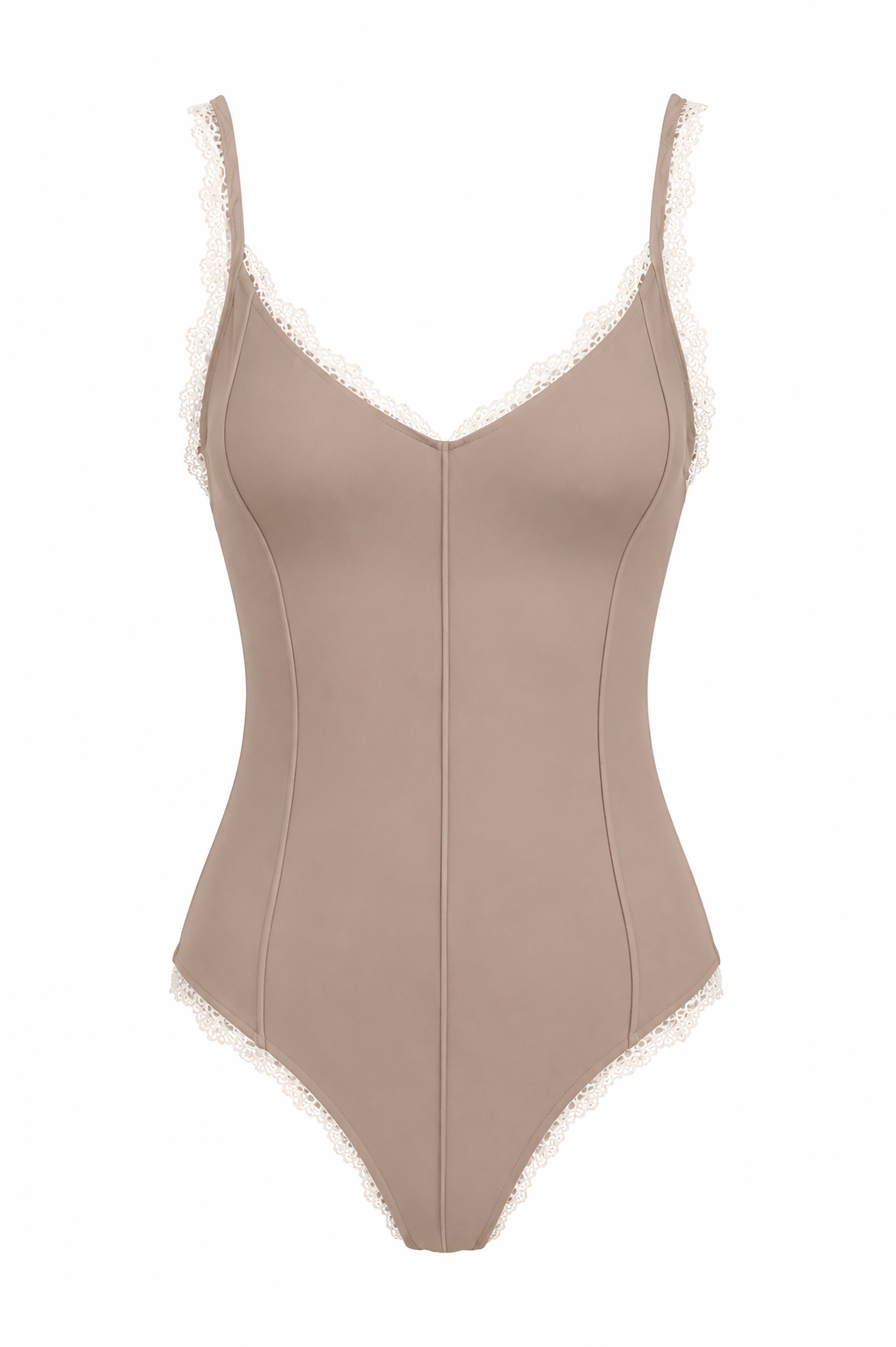 Lace Trim V-Neck Swimsuit - Mink