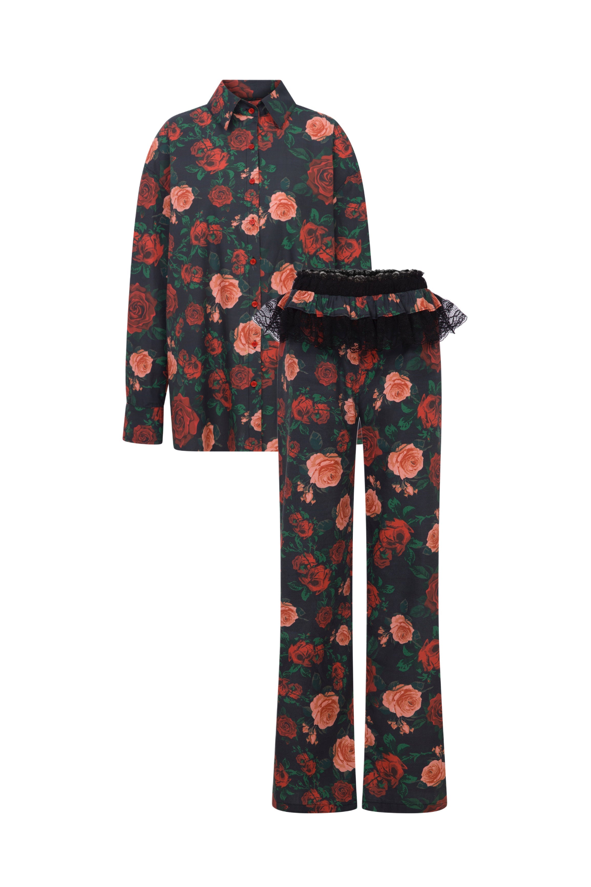 Roseline Rose-Printed Cotton Pajama Set - Black