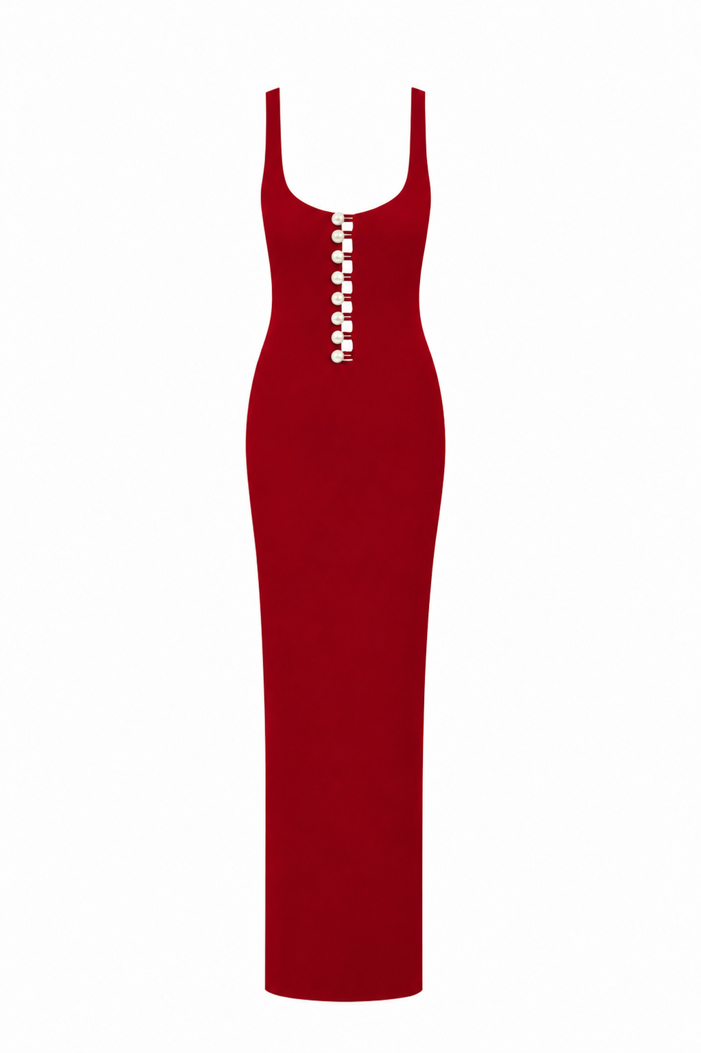 Faux-Pearl Button Embellished Dress - Red