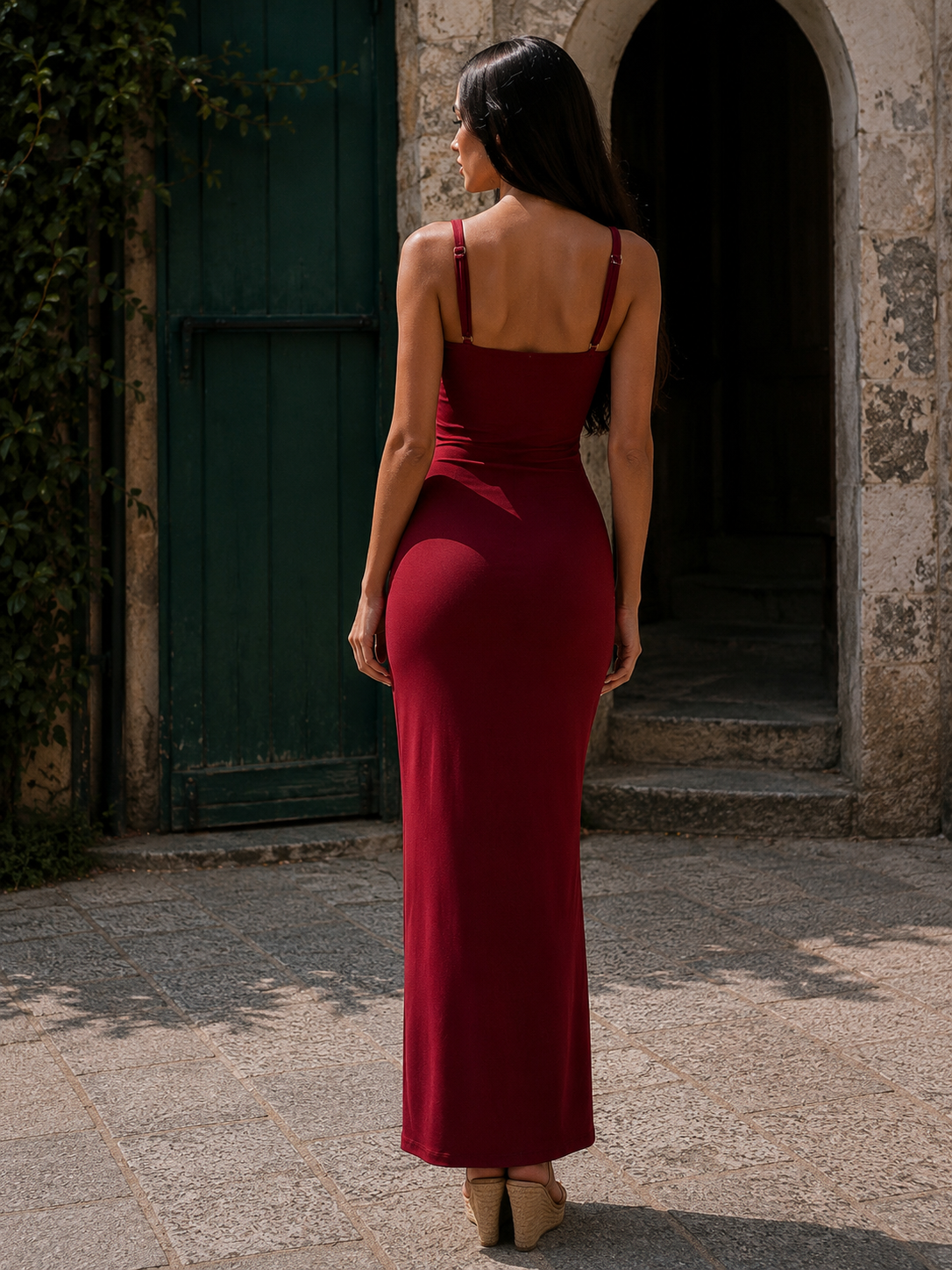 Faux-Pearl Button Embellished Dress - Red