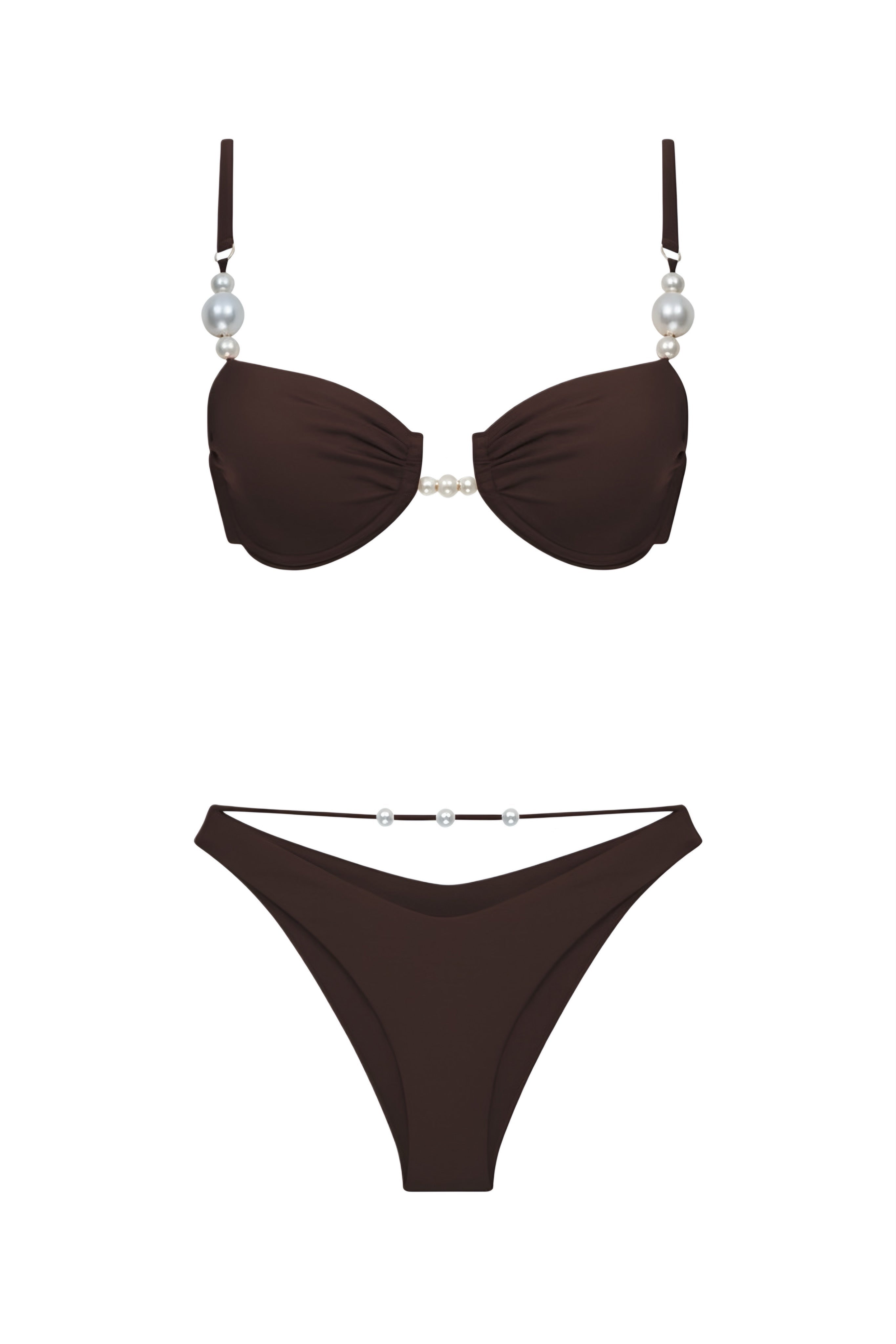 Faux-Pearl Embellished Underwired Bikini - Black Coffee