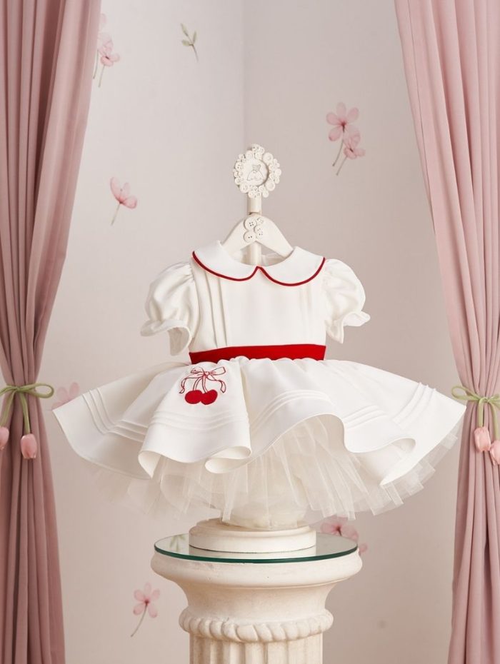 Cherry Embroidered White Birthday Dress
