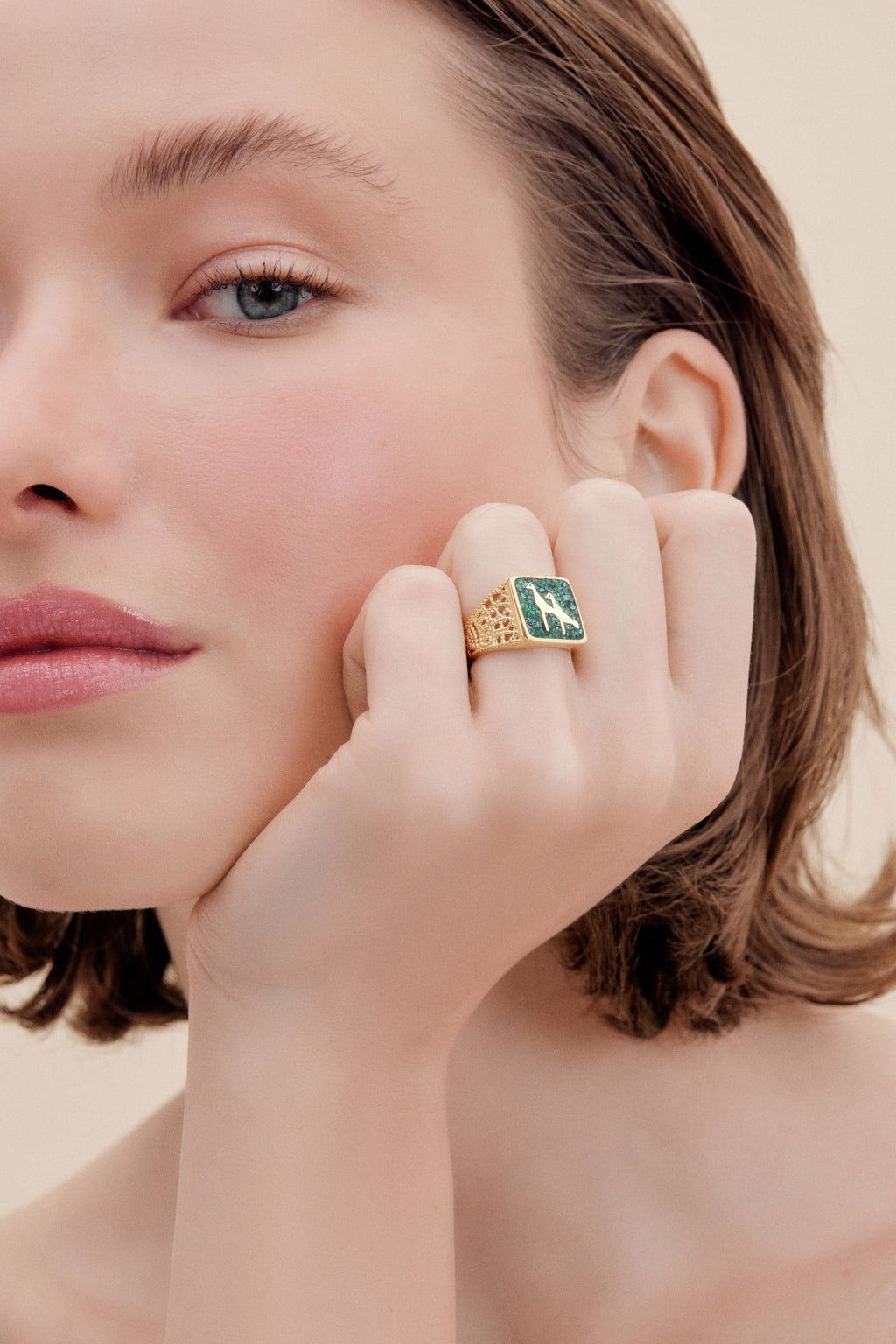 Malachite Crane Filigree Unisex Ring - 2