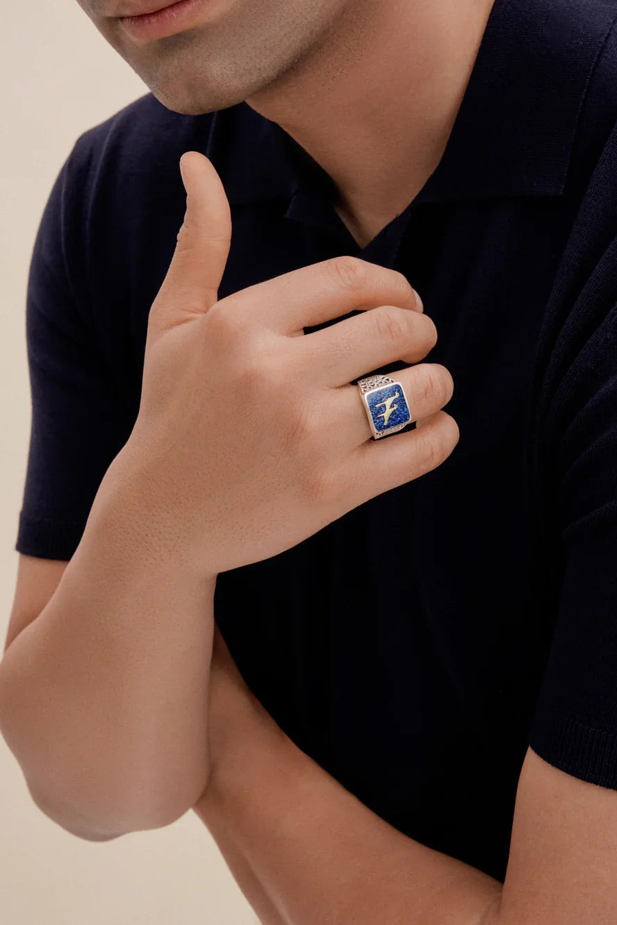 Lapis Crane Filigree Ring Silver - Men - 2