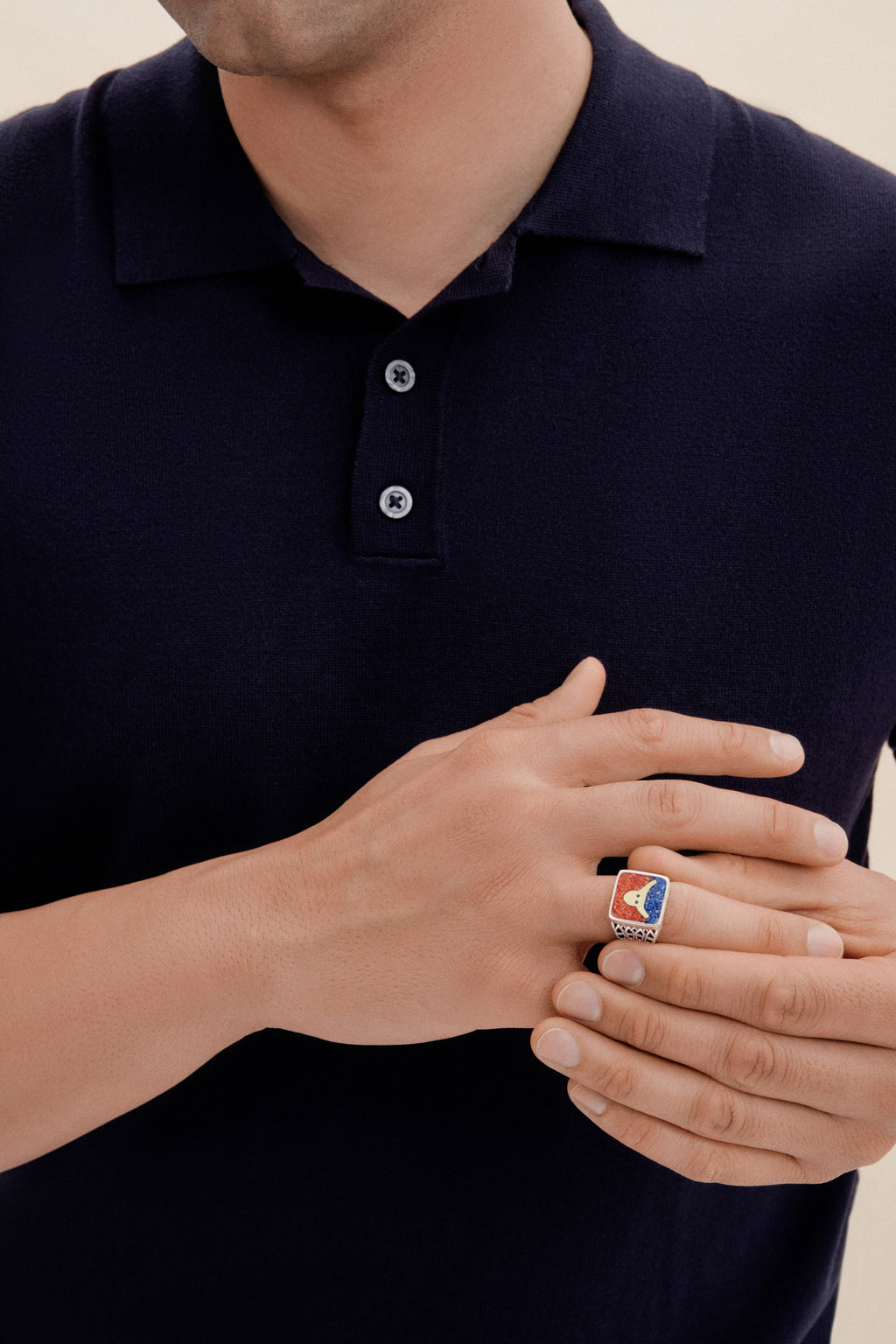 Lapis&Coral Bull Filigree Ring - Men - 2