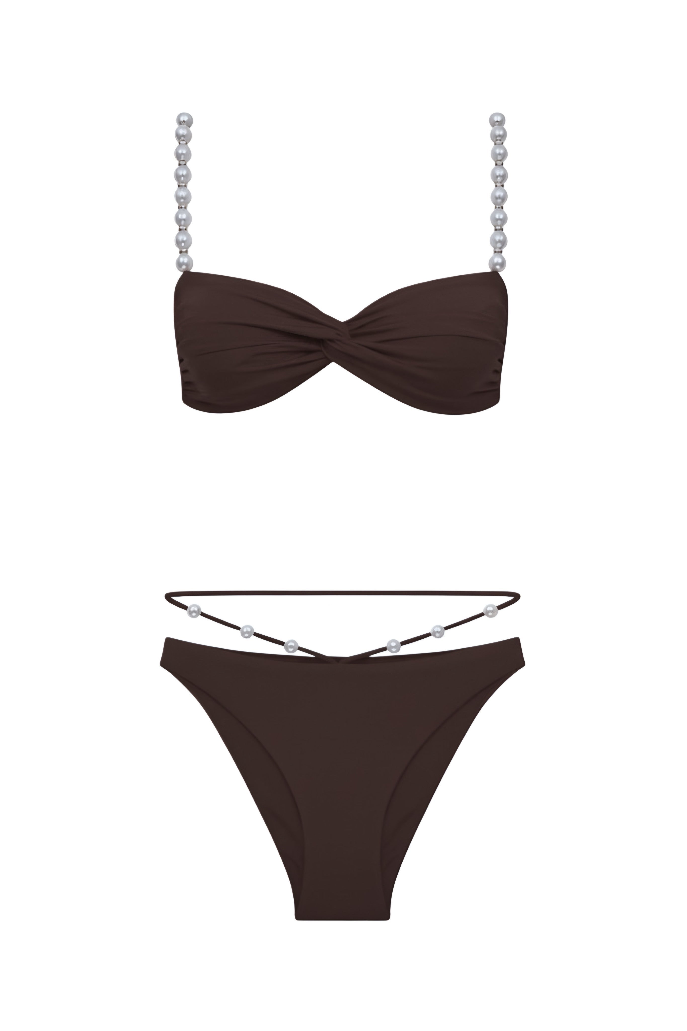 Faux-Pearl Embellished Twist-Front Bikini - Brown