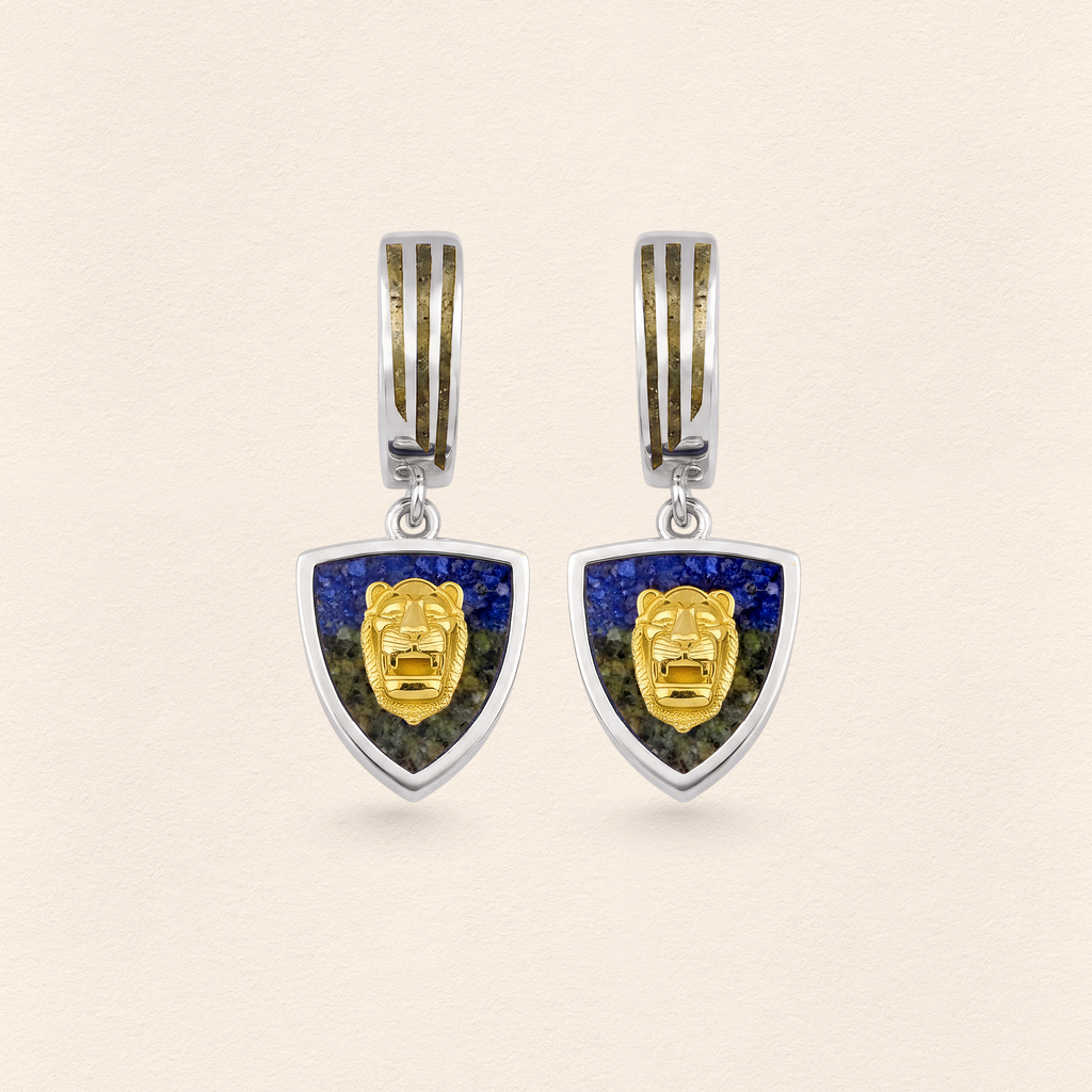 Assyrian Lion Lapis & Azurite Earrings Silver
